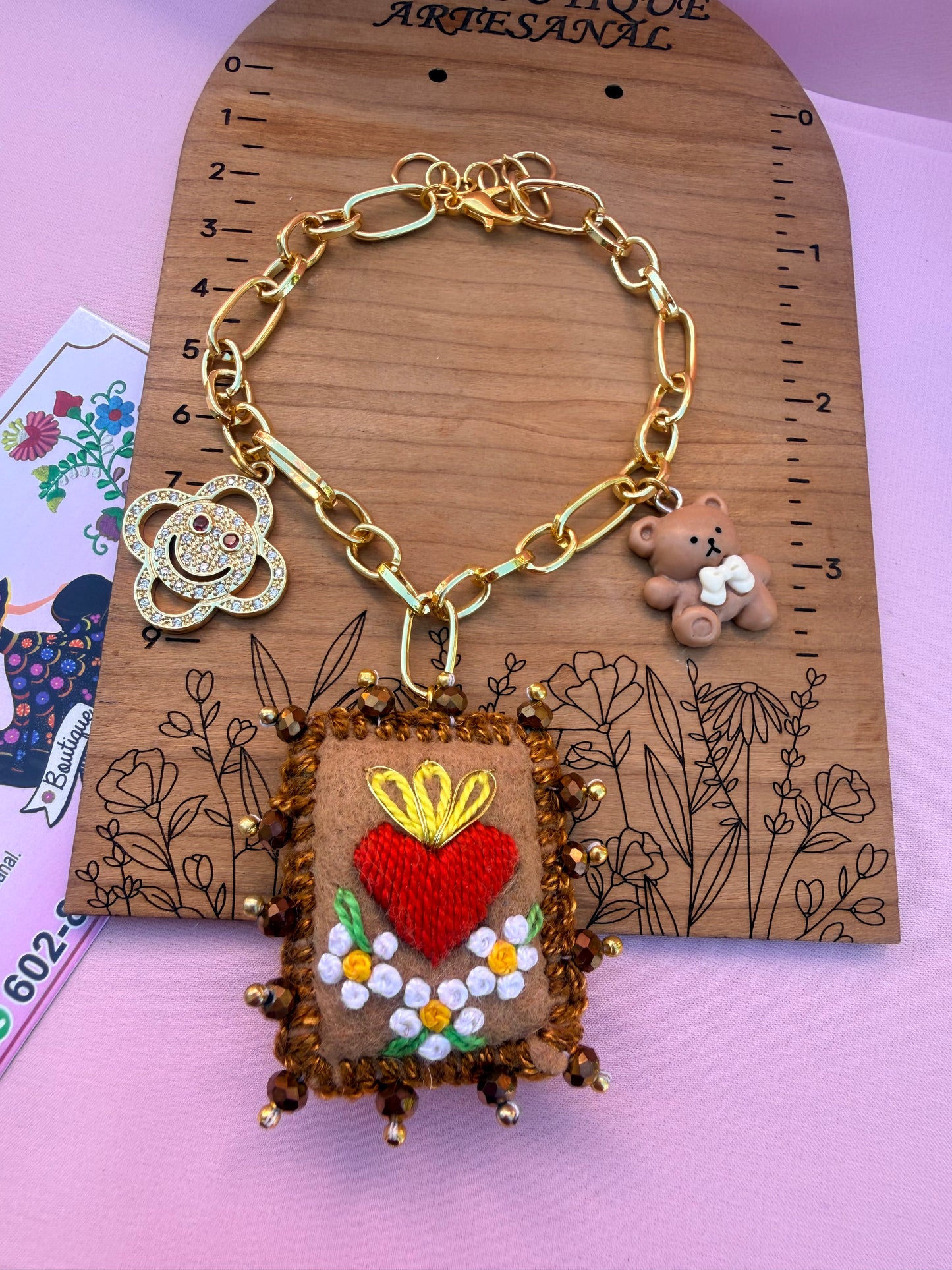 Hand Embroidered Milagrito Necklace & Bracelet | Gold Plated Chain | Sacred Heart Charm | Mexican Folk Art Jewelry | Handmade Gift