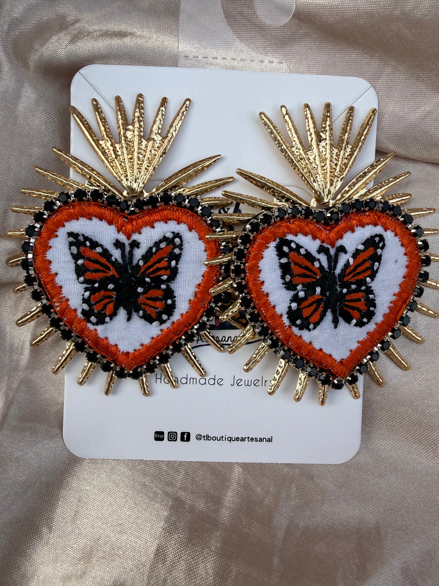 Hand Embroidered Butterfly Heart Earrings – Unique Lightweight Statement Jewelry, Handmade Floral & Crystal Designs