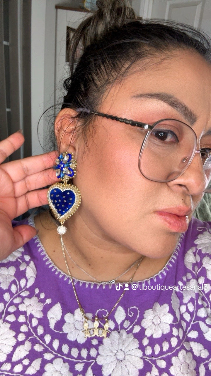 Handmade Mexican Heart Earrings, Blue Velvet Heart Earrings, Beaded Crystal Statement Earrings, Embroidered Jewelry, Lightweight Earrings