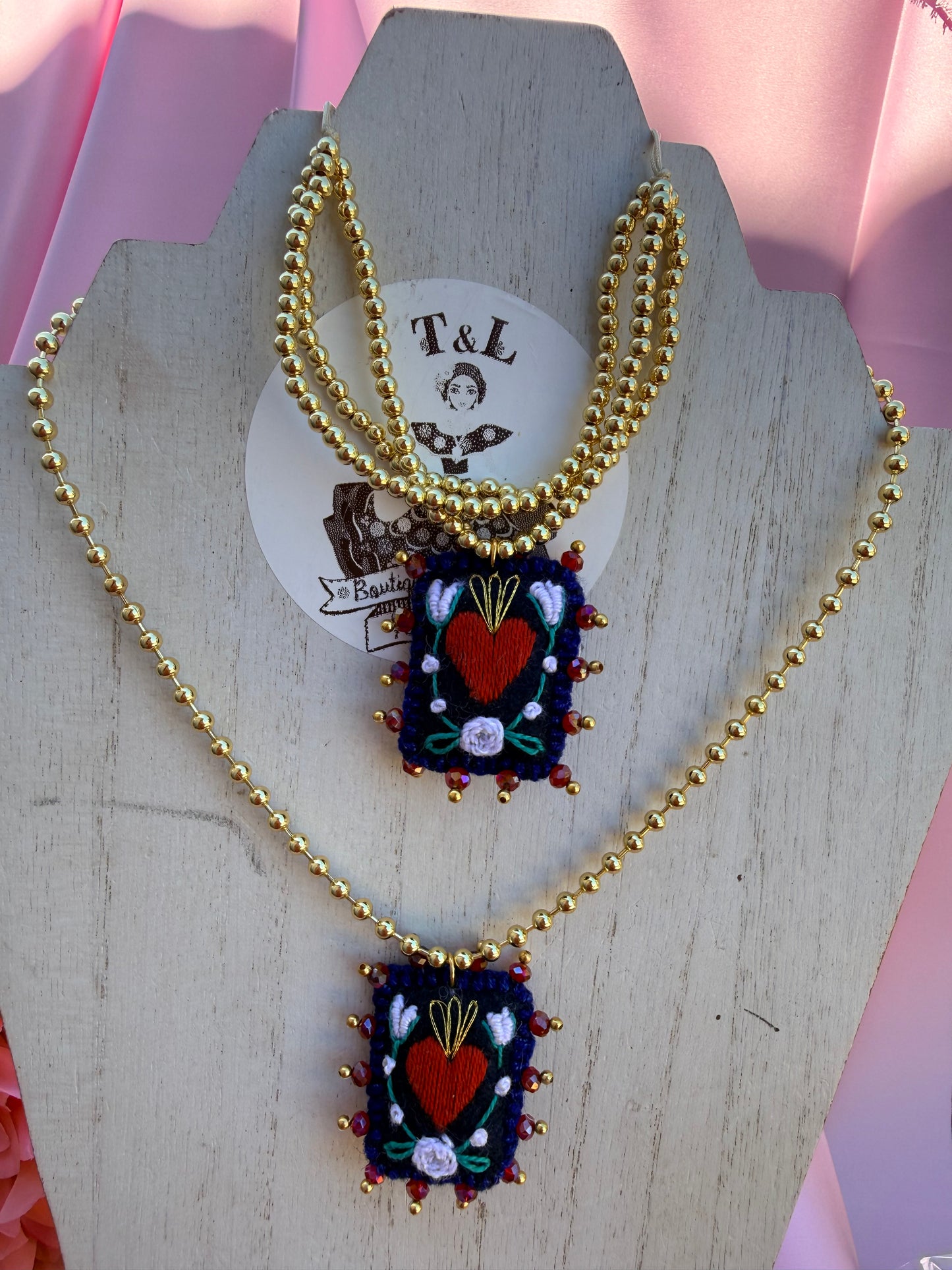 Hand Embroidered Sacred Heart Necklace & Bracelet Set, Mexican Folk Art Jewelry, Gold Plated Beaded Chain, Milagrito Jewelry, Handmade Gift azul