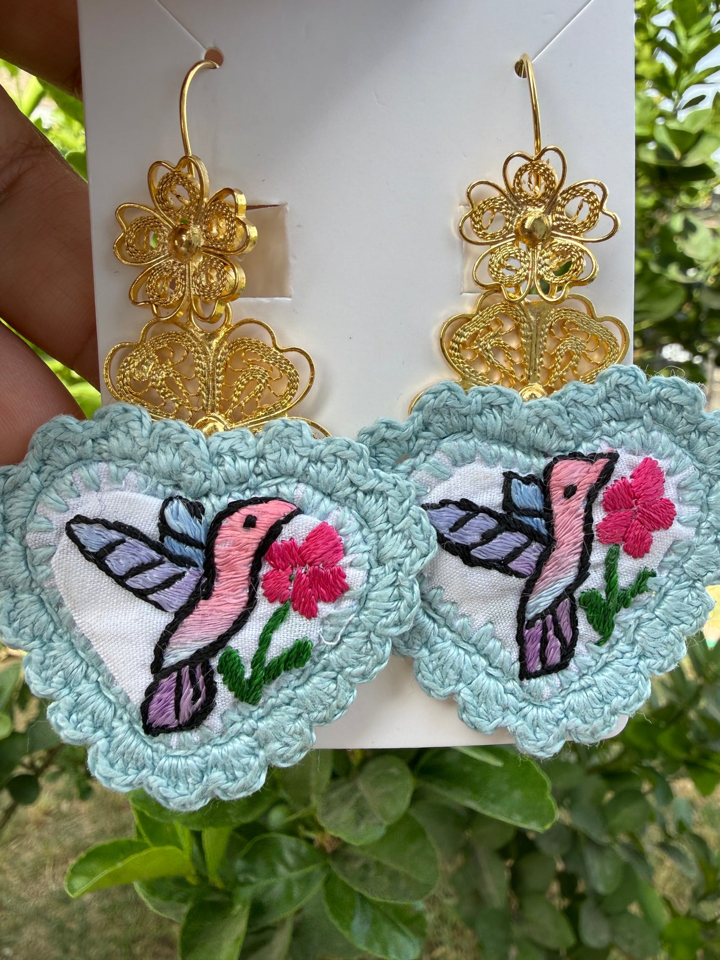 Hand Embroidered Hummingbird Earrings – Colorful Heart Statement Jewelry, Lightweight Artisan Handmade Gift