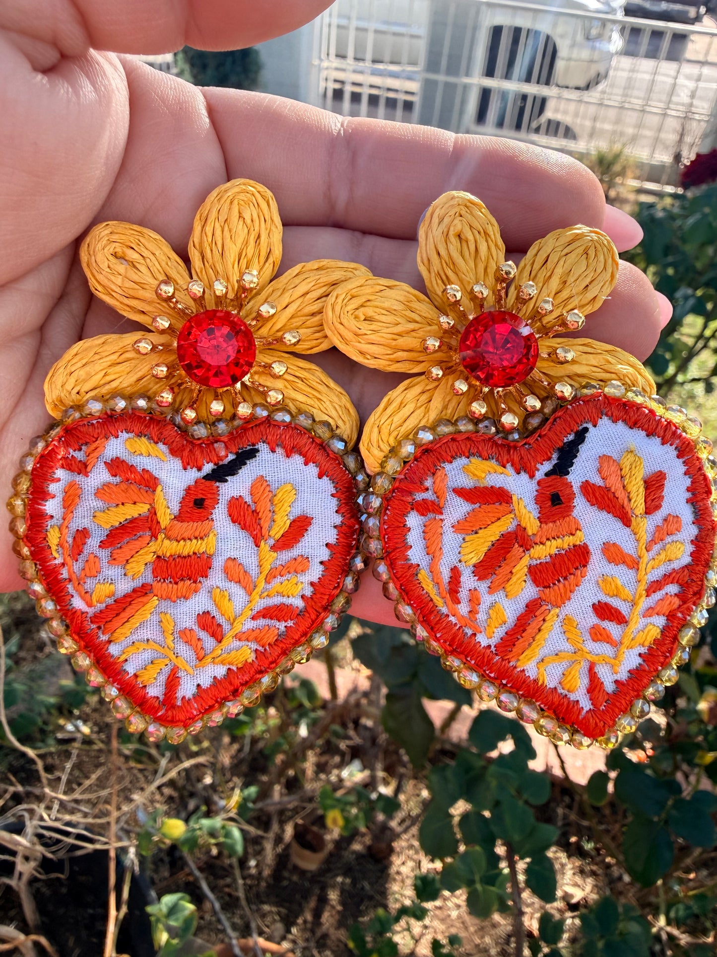 Aretes Corazón Colibrí Bordado – Yellow Floral Statement Earrings – Handmade Mexican Embroidered Jewelry