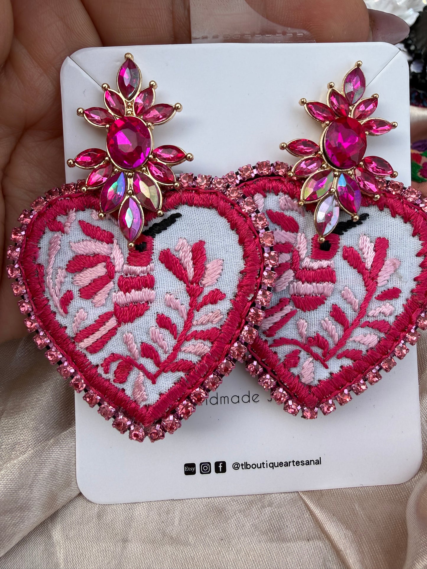 Hand Embroidered Hummingbird Earrings – Colorful Heart Statement Jewelry, Lightweight Artisan Handmade Gift