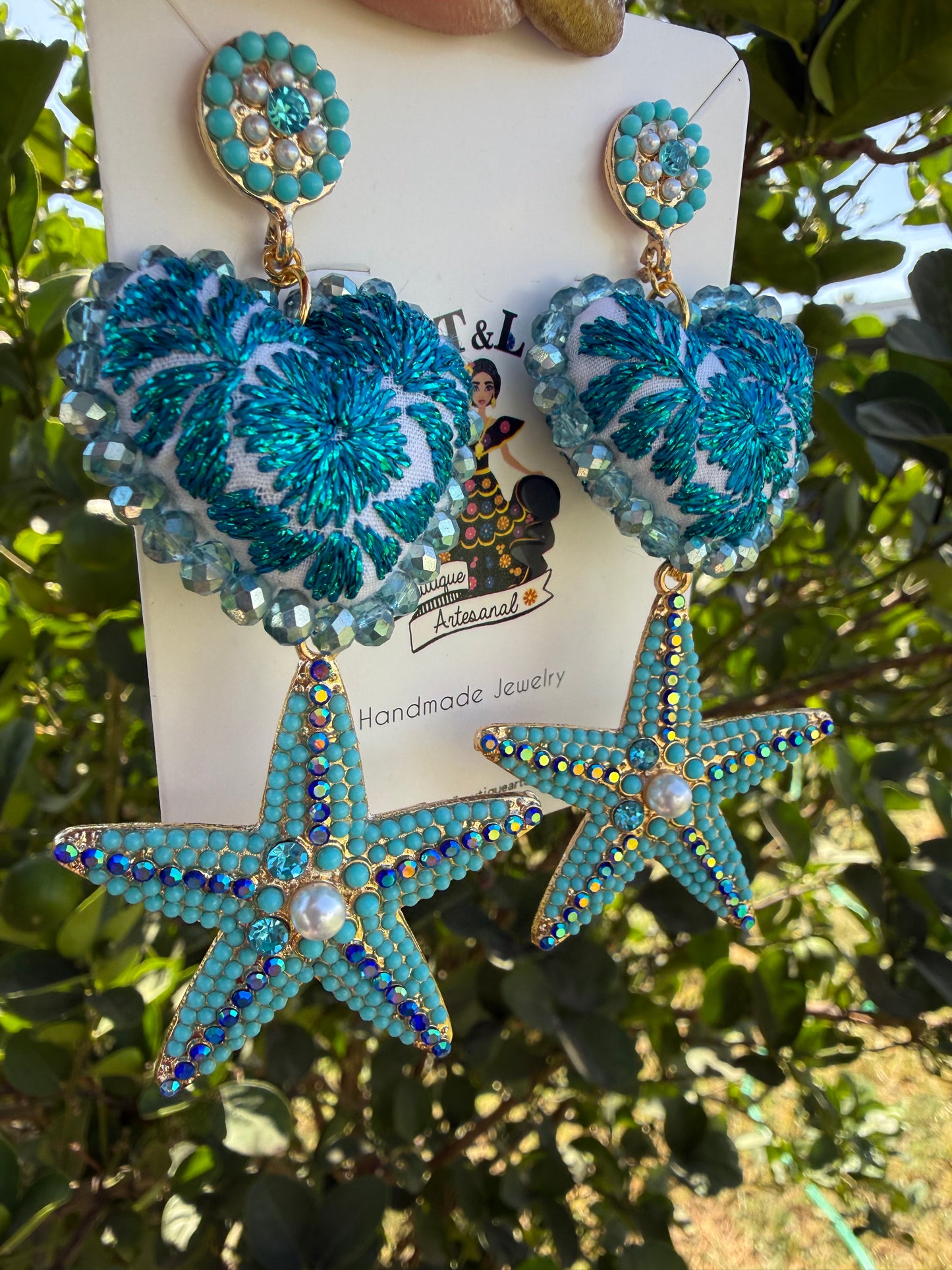 Hand Embroidered Heart Earrings with Starfish, Turquoise Statement Earrings, Coastal Beach Jewelry, Handmade Mexican Artisan Earrings /azul