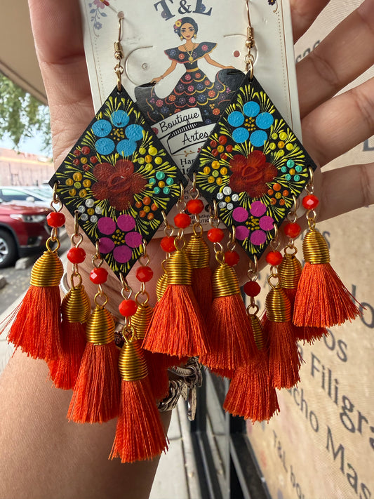 Hand Painted Mexican Earrings, Floral Wood Tassel Earrings, Colorful Statement Earrings, Handmade Lightweight Folk Art Jewelry