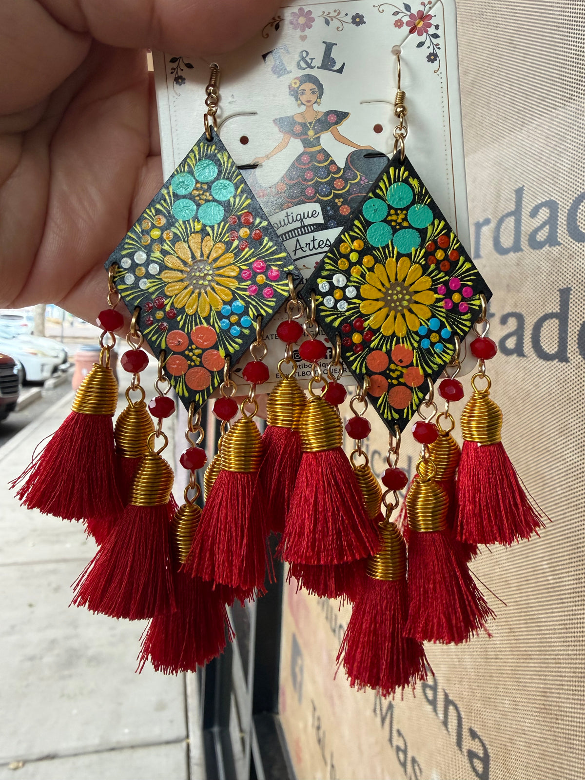 Hand Painted Mexican Earrings, Floral Wood Tassel Earrings, Colorful Statement Earrings, Handmade Lightweight Folk Art Jewelry