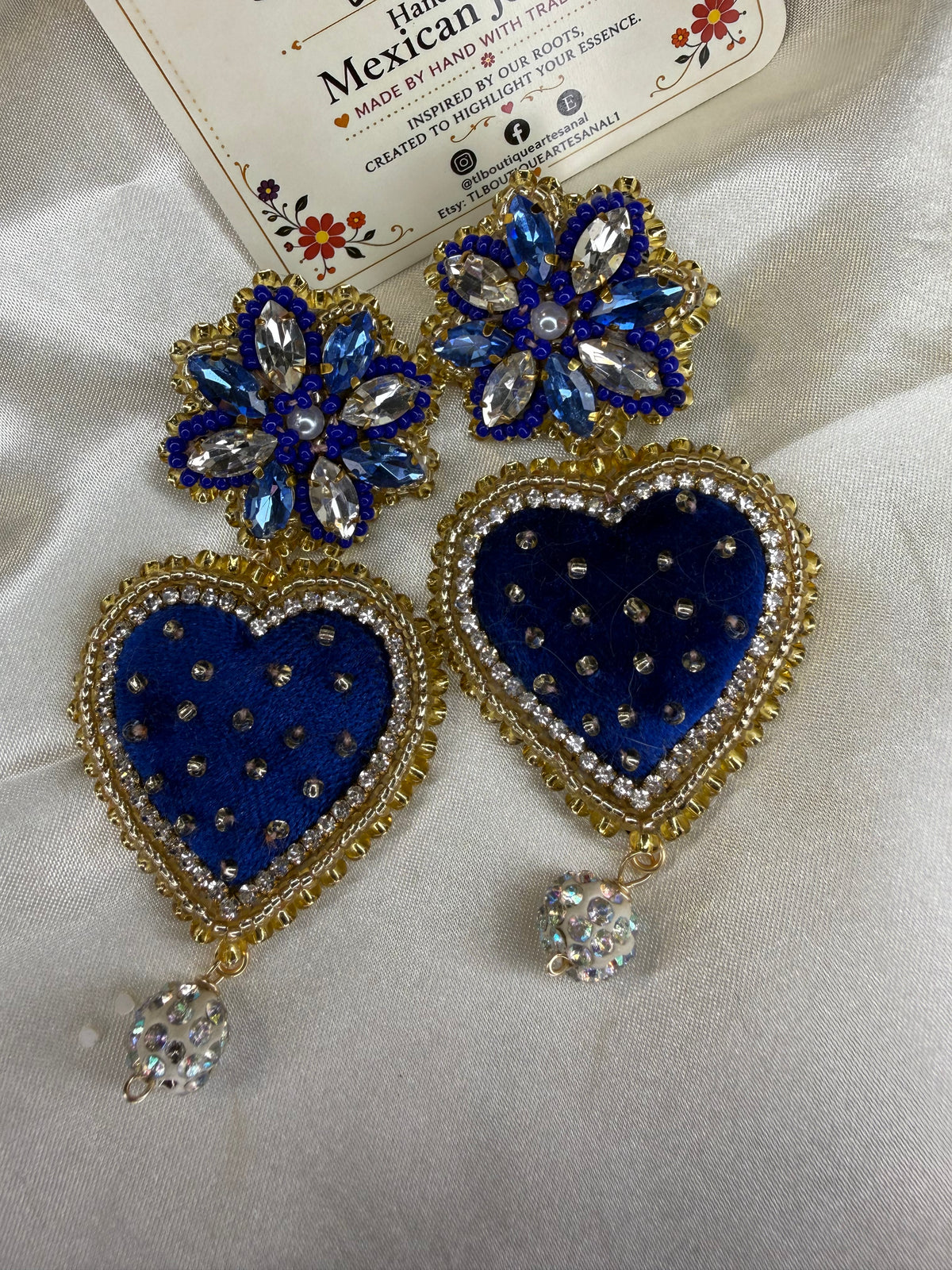 Handmade Mexican Heart Earrings, Blue Velvet Heart Earrings, Beaded Crystal Statement Earrings, Embroidered Jewelry, Lightweight Earrings