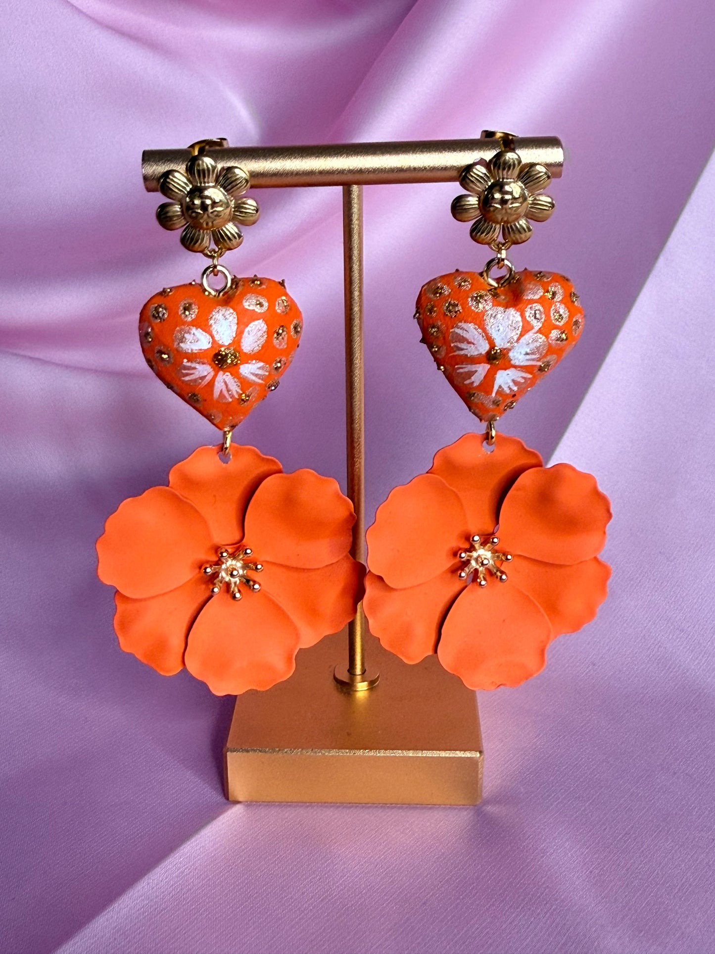 Hand-Carved Copal Wood Heart Earrings | Handmade Mexican Alebrije Jewelry | Lightweight Statement Earrings  /orange