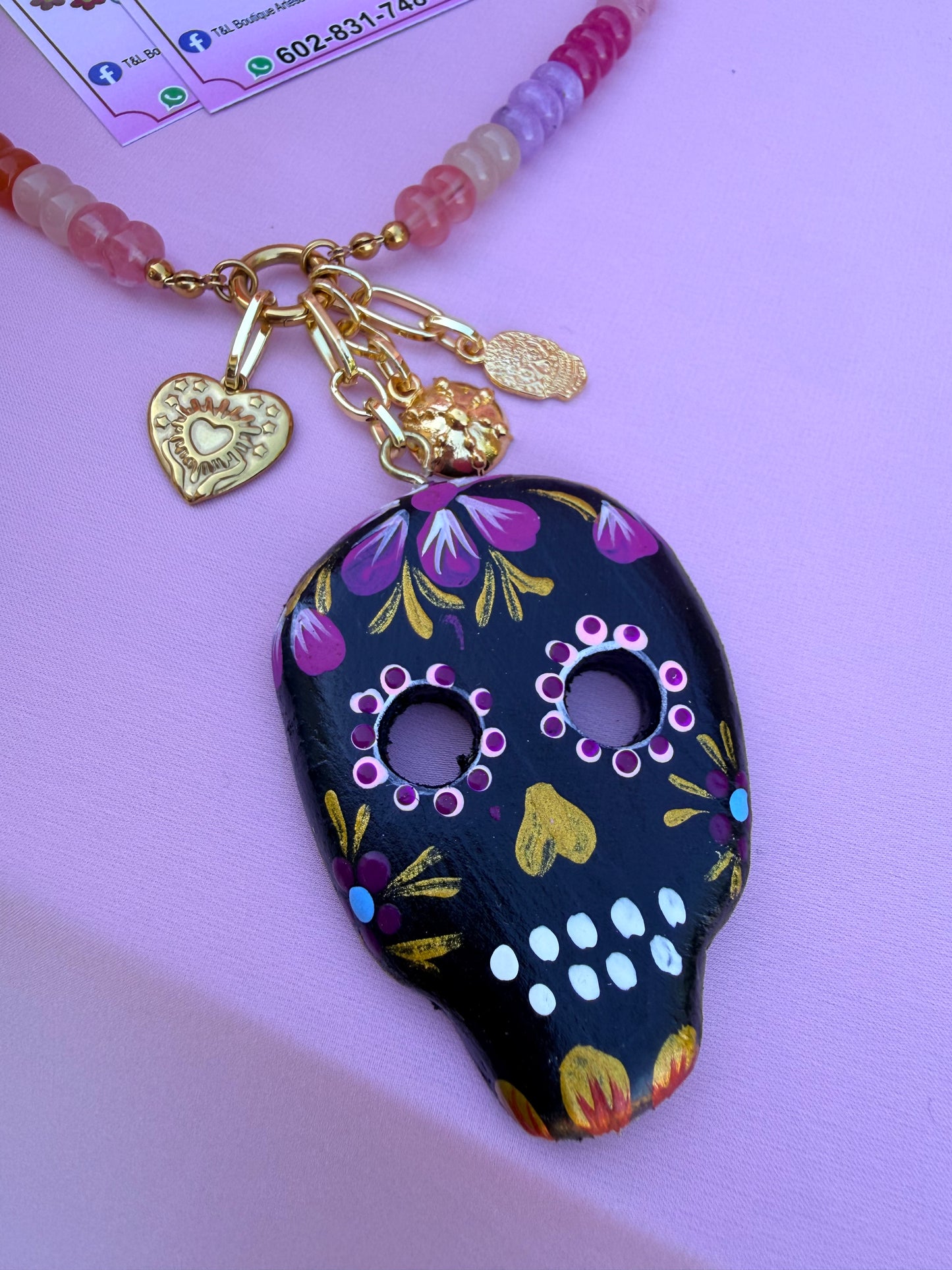 Hand Painted Copal Wood Sugar Skull Necklace | Natural Gemstone Beaded Collar | Mexican Folk Art Jewelry | Día de Muertos Inspired Pendant