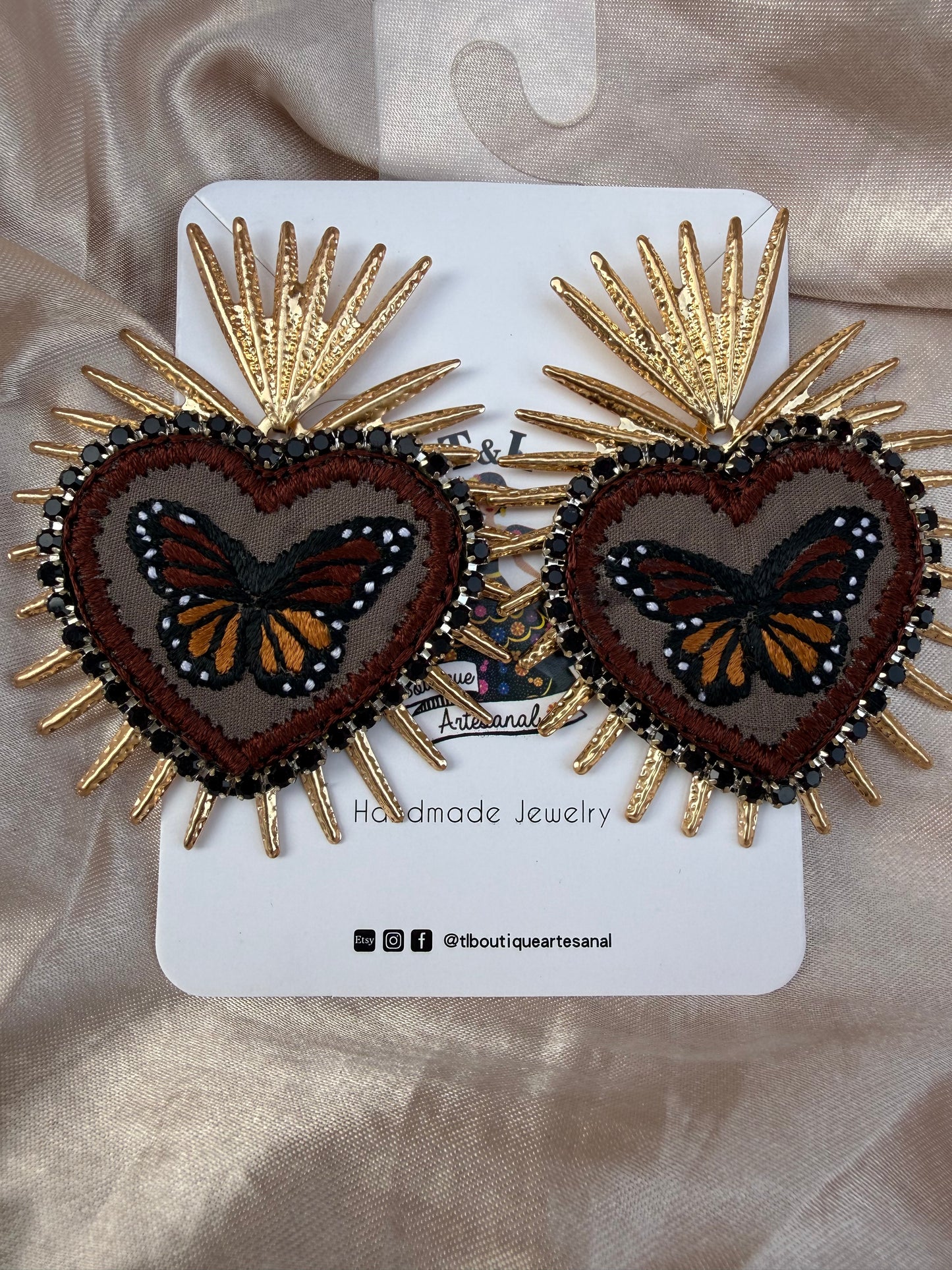 Hand Embroidered Butterfly Heart Earrings – Unique Lightweight Statement Jewelry, Handmade Floral & Crystal Designs