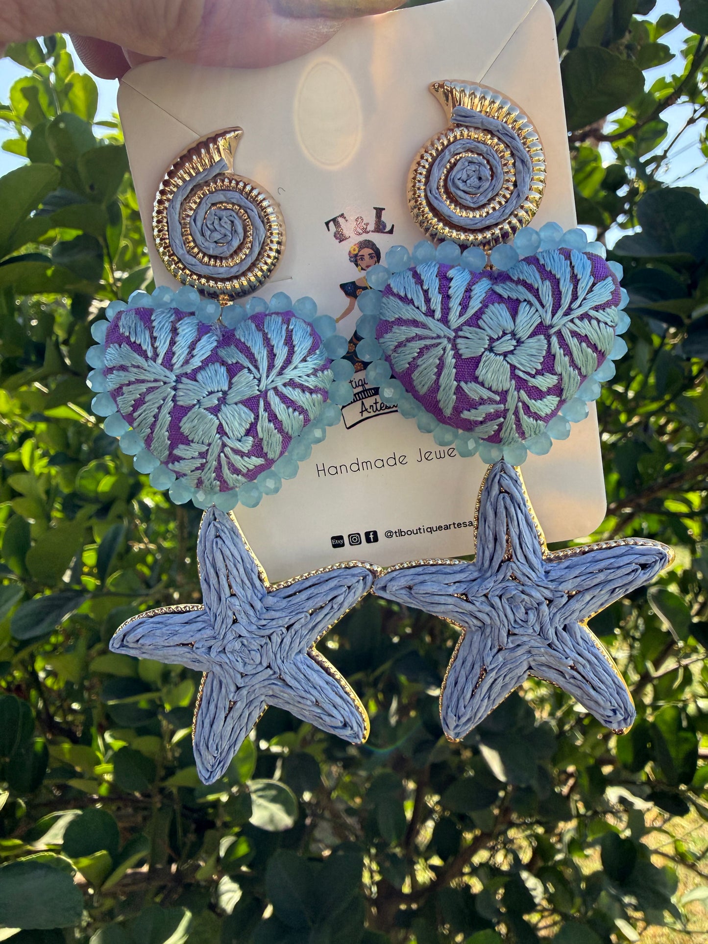 Hand Embroidered Heart Earrings with Starfish, Turquoise Statement Earrings, Coastal Beach Jewelry, Handmade Mexican Artisan Earrings / fiuccia/azul