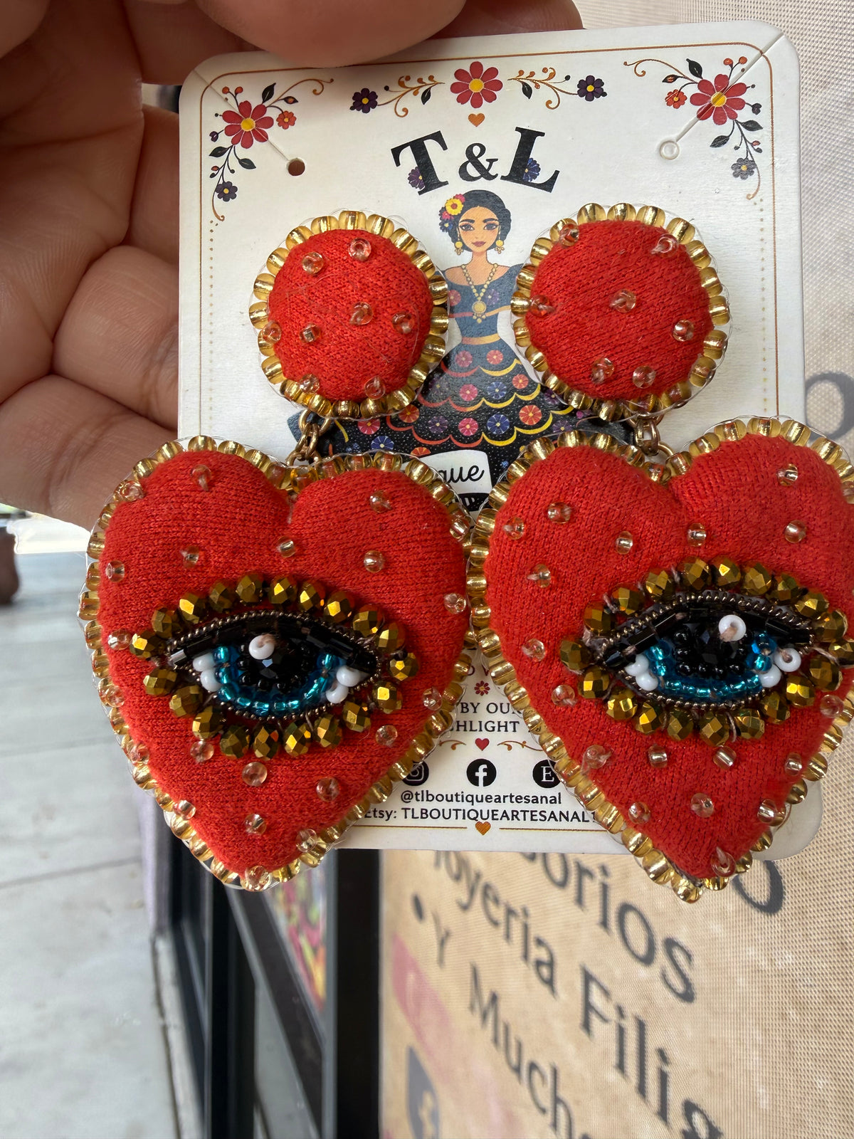 Handmade Sacred Heart Eye Earrings, Velvet Heart Earrings, Evil Eye Beaded Earrings, Mexican Statement Jewelry, Red Heart Earrings