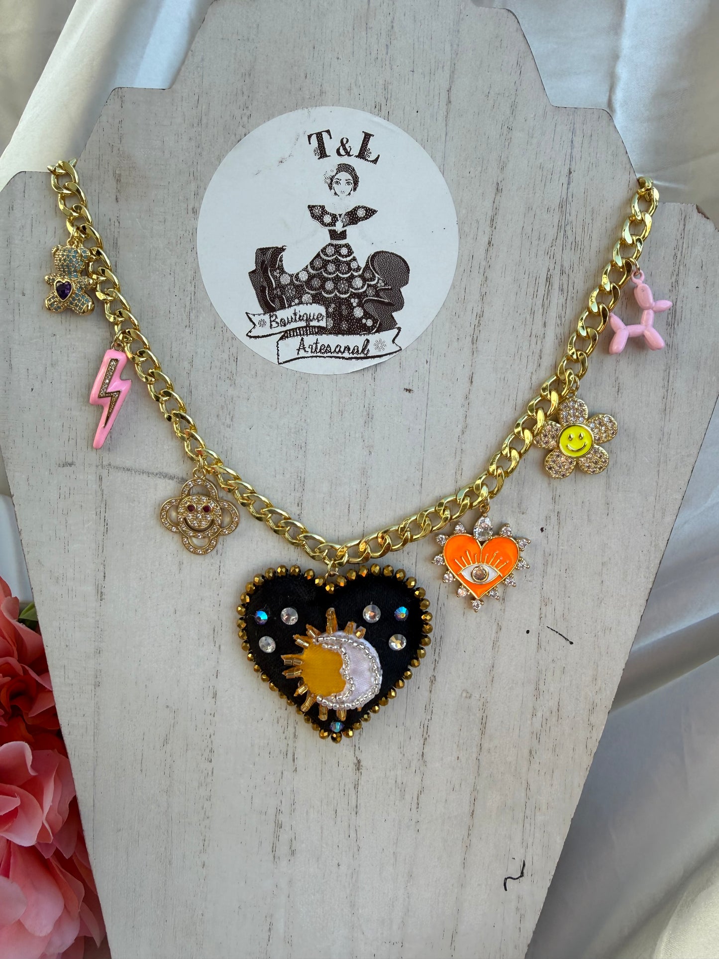 ✨ Sun & Moon Heart Necklace | Handmade Celestial Heart Pendant Necklace | Statement Charm Chain