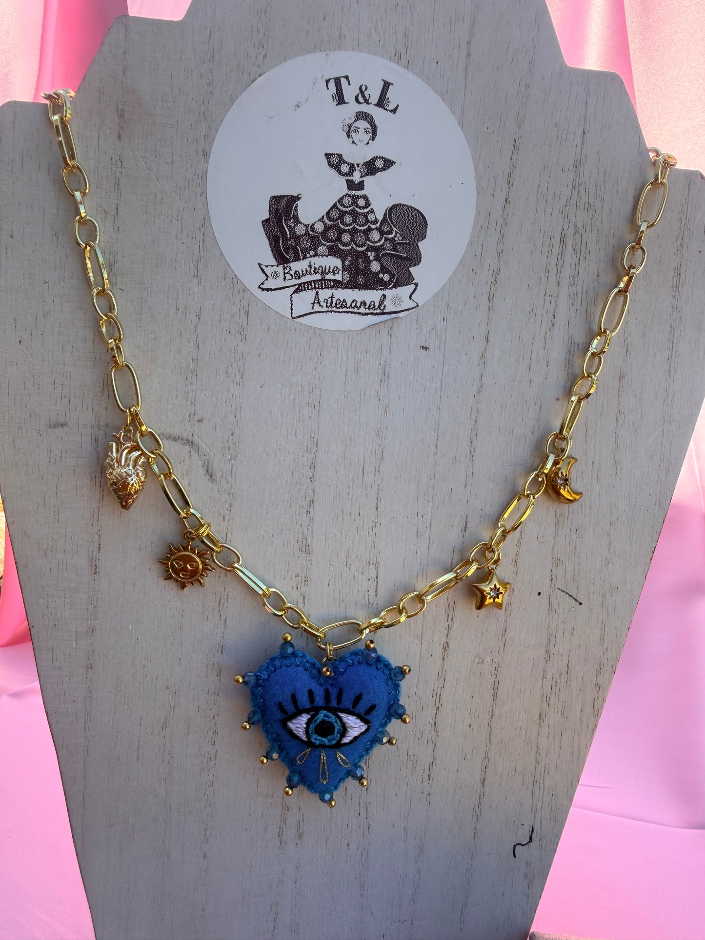 Hand Embroidered Evil Eye Heart Necklace | Gold Plated Charm Necklace | Mexican Artisan Jewelry | Blue Heart Pendant | Boho Gift for Her