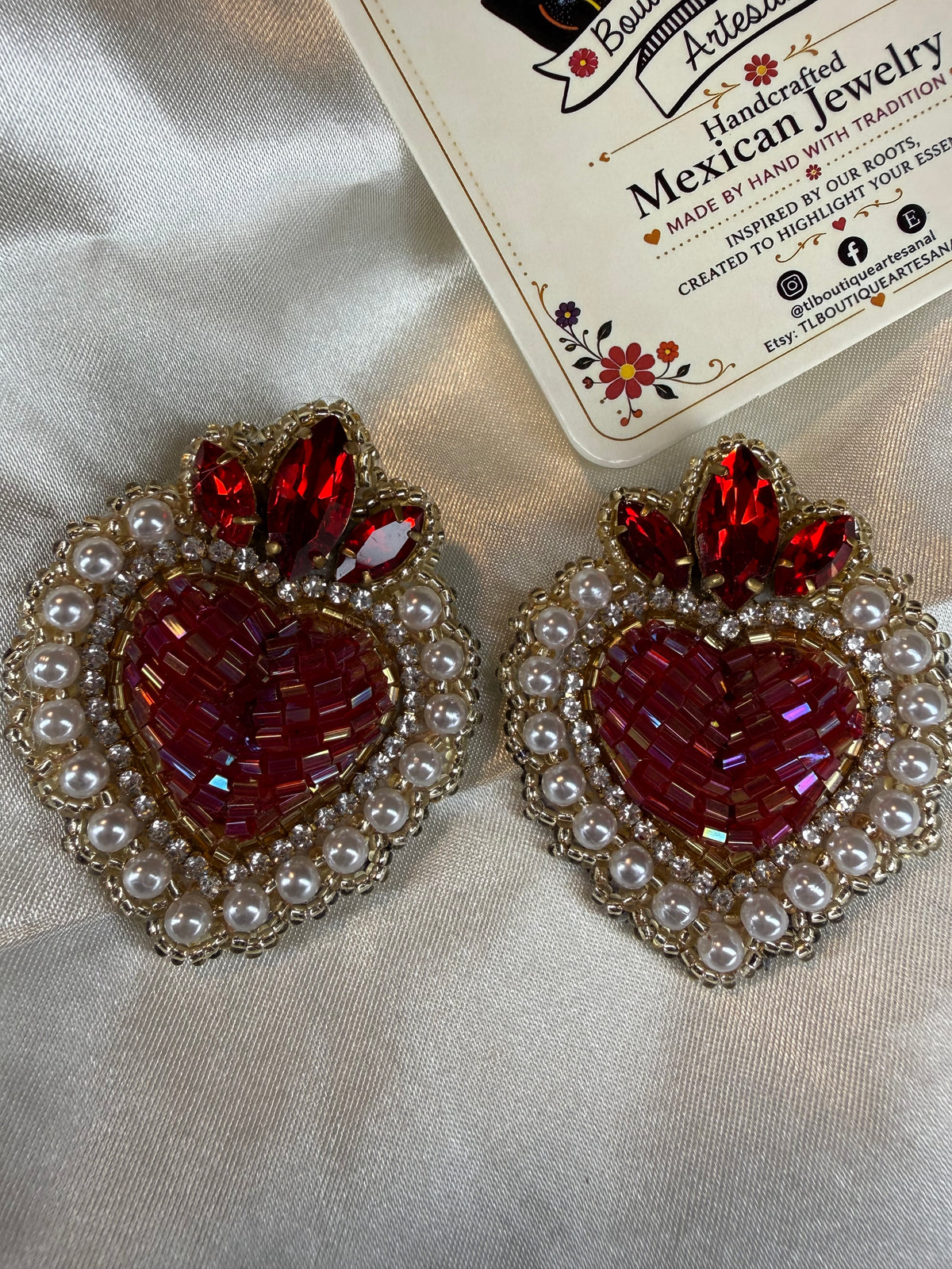 Sacred Heart Earrings, Handmade Beaded Heart Earrings, Crystal Pearl Miyuki Earrings, Mexican Statement Jewelry, Stud Earrings