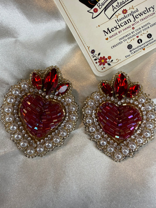 Sacred Heart Earrings, Handmade Beaded Heart Earrings, Crystal Pearl Miyuki Earrings, Mexican Statement Jewelry, Stud Earrings