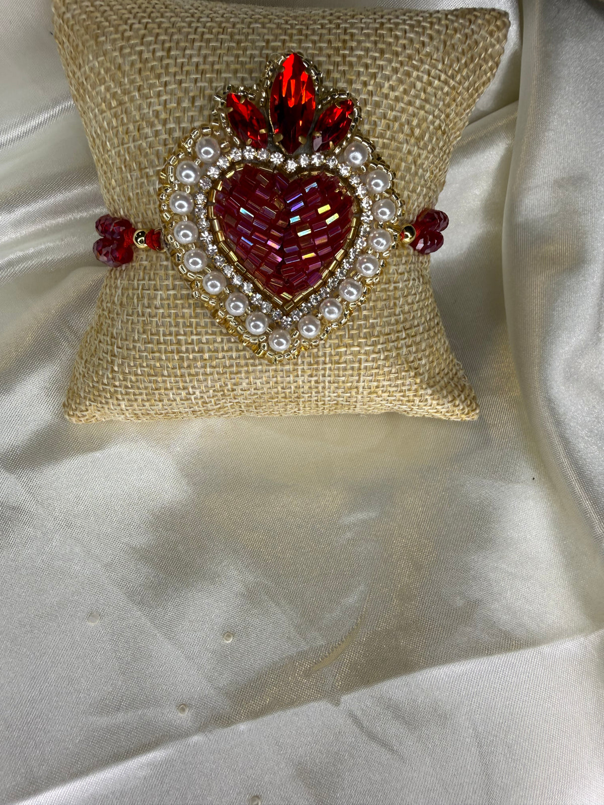 Handmade Sacred Heart Bracelet, Adjustable Beaded Bracelet, Miyuki Crystal & Pearl Embroidered Jewelry, Mexican Inspired Gift