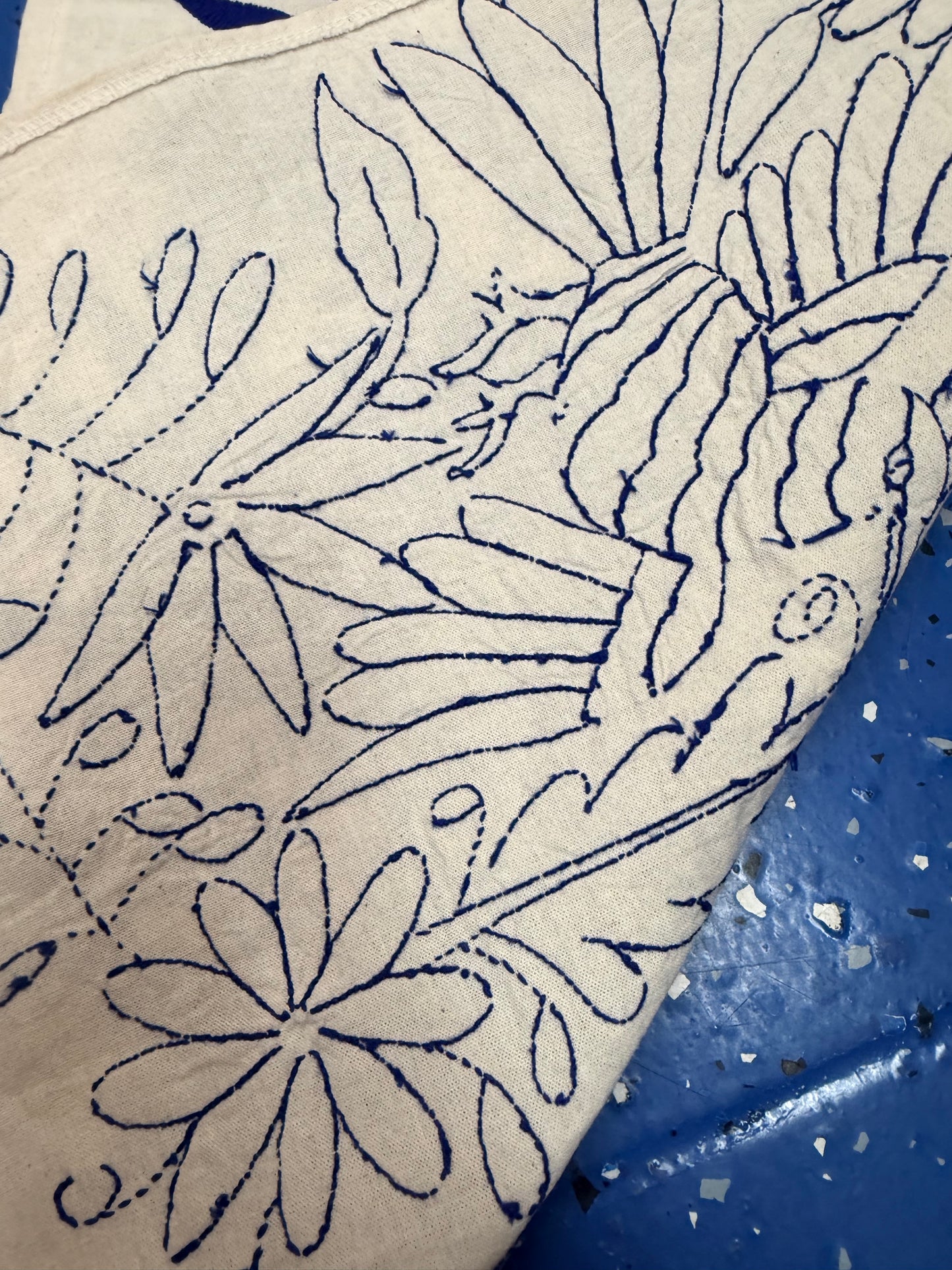 Hand Embroidered Otomi Table Runner | Blue & White Mexican Textile | Tenango Otomi Embroidery | Boho Table Decor | 16x75 Inches