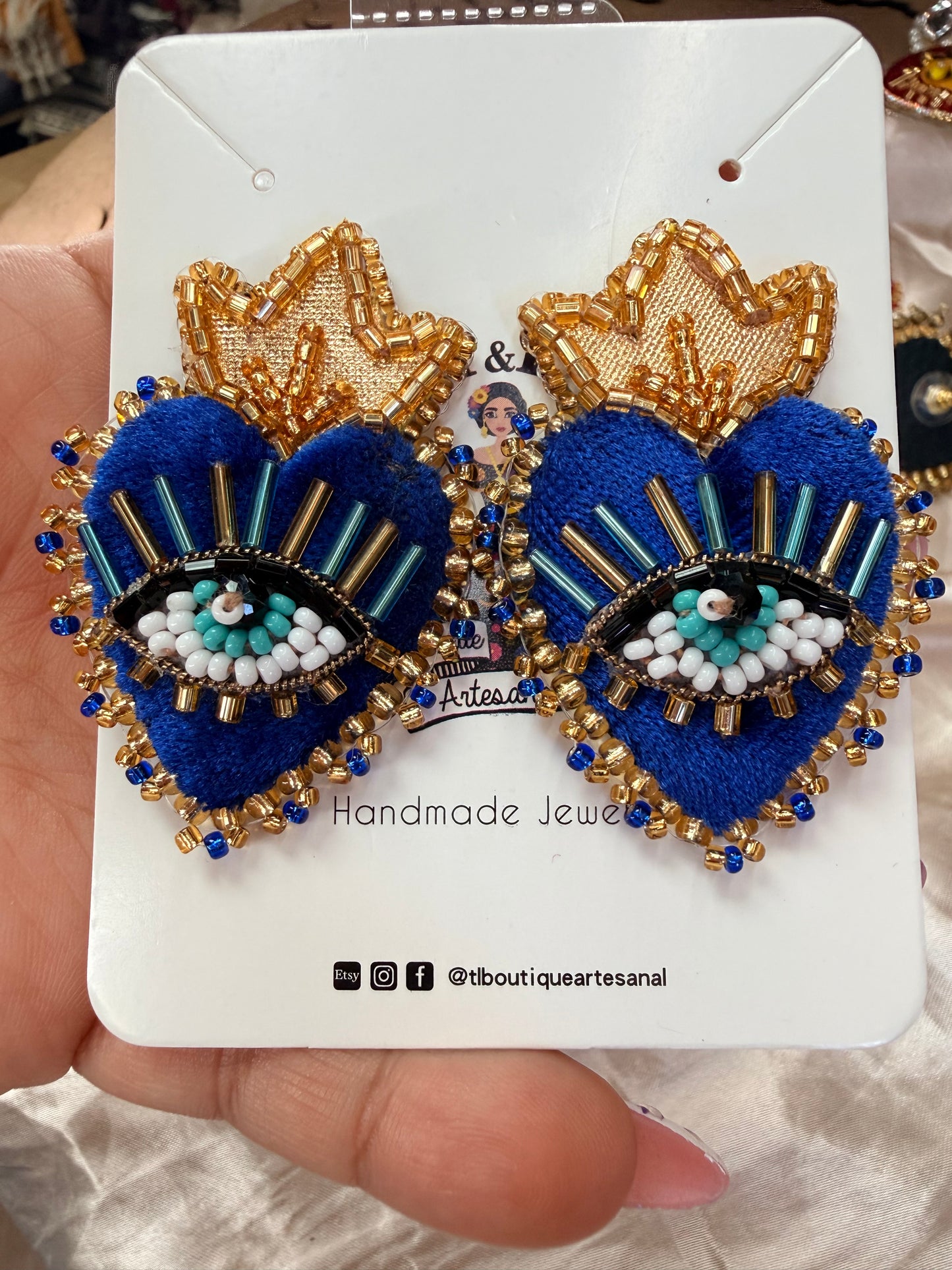 Handmade Huichol Inspired Crystal Heart Earrings | Velvet Sacred Heart Stud Earrings | Wixarika Beaded Jewelry | Mexican Artisan Earrings
