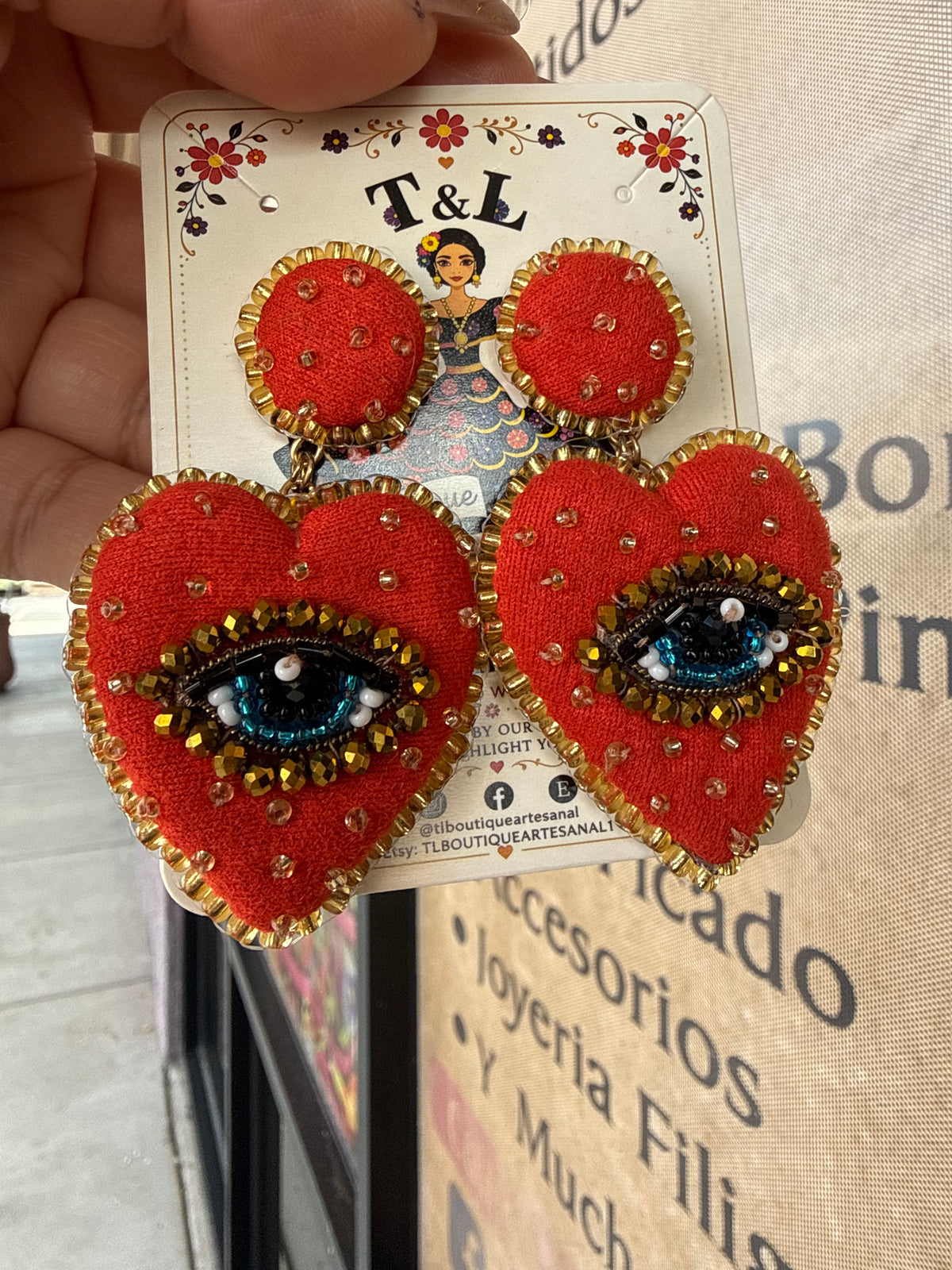 Handmade Sacred Heart Eye Earrings, Velvet Heart Earrings, Evil Eye Beaded Earrings, Mexican Statement Jewelry, Red Heart Earrings