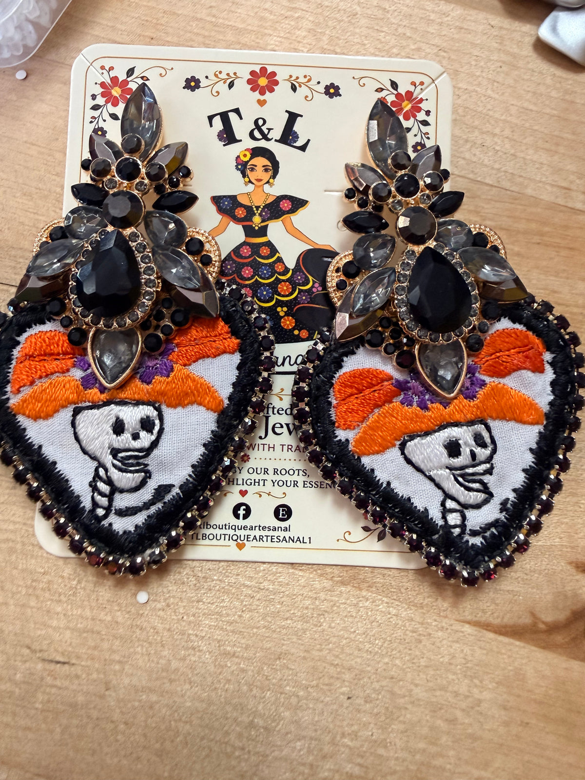 Hand Embroidered Day of the Dead Earrings, Mexican Skull Earrings, Frida Inspired Jewelry, Butterfly Heart Statement Earrings