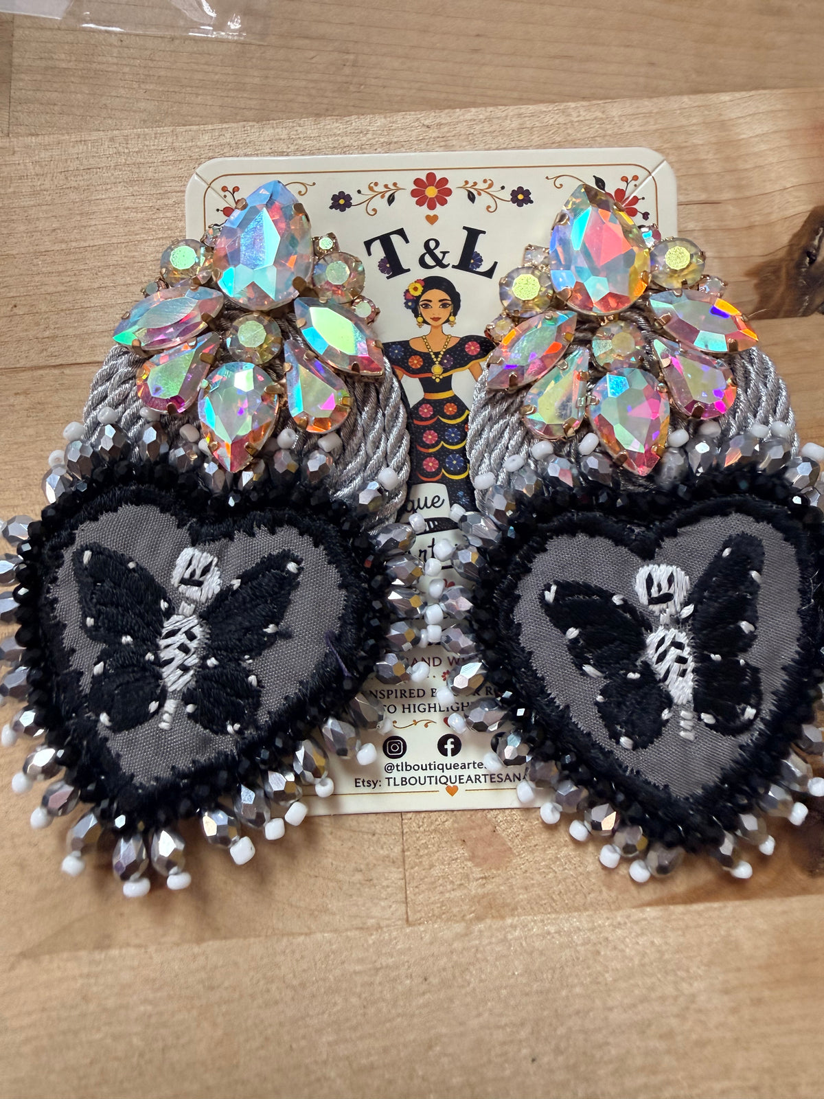 Hand Embroidered Day of the Dead Earrings, Mexican Skull Earrings, Frida Inspired Jewelry, Butterfly Heart Statement Earrings