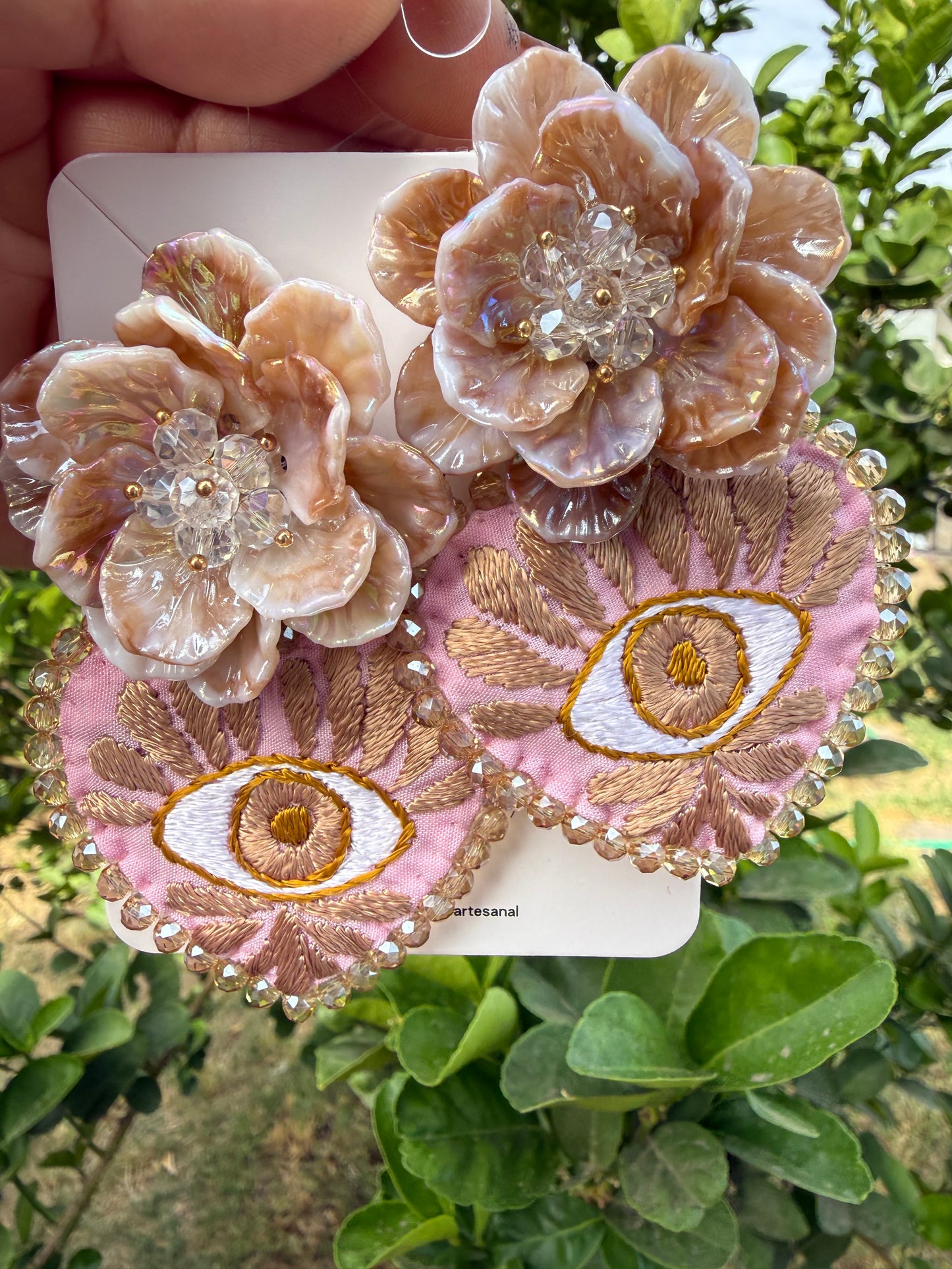 Sacred Heart Earrings with Evil Eye, Mexican Embroidered Jewelry, Statement Crystal Earrings, Handmade Milagro Heart, Unique Gift