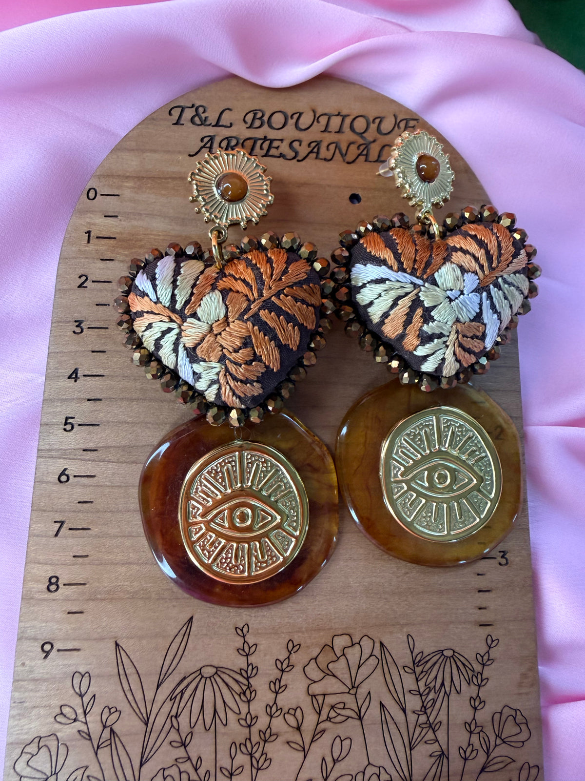 Embroidered Heart Earrings, Mexican Handmade Jewelry, Evil Eye Earrings, Boho Statement Earrings, Textile Heart Jewelry (cafe matizado