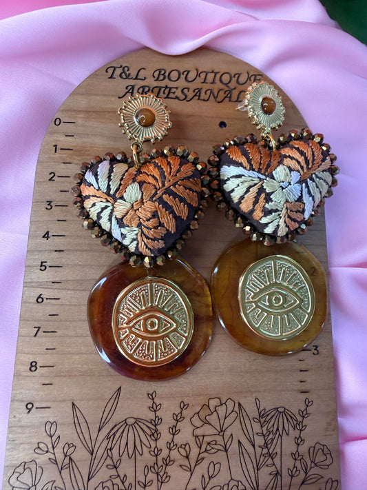Embroidered Heart Earrings, Mexican Handmade Jewelry, Evil Eye Earrings, Boho Statement Earrings, Textile Heart Jewelry (cafe matizado
