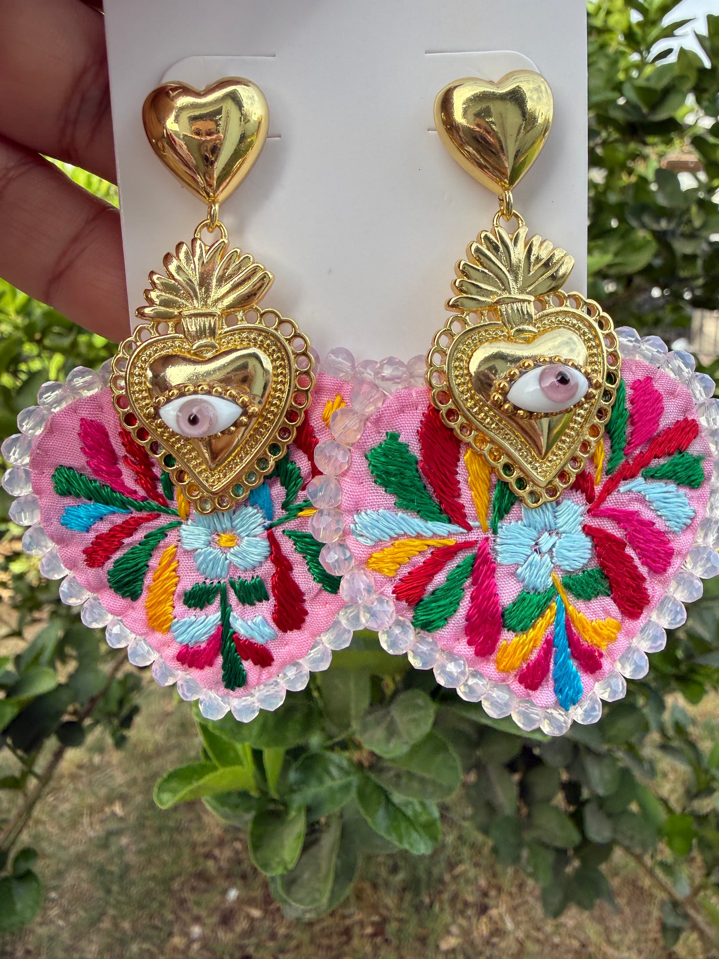 Sacred Heart Earrings with Evil Eye, Mexican Embroidered Jewelry, Statement Crystal Earrings, Handmade Milagro Heart, Unique Gift
