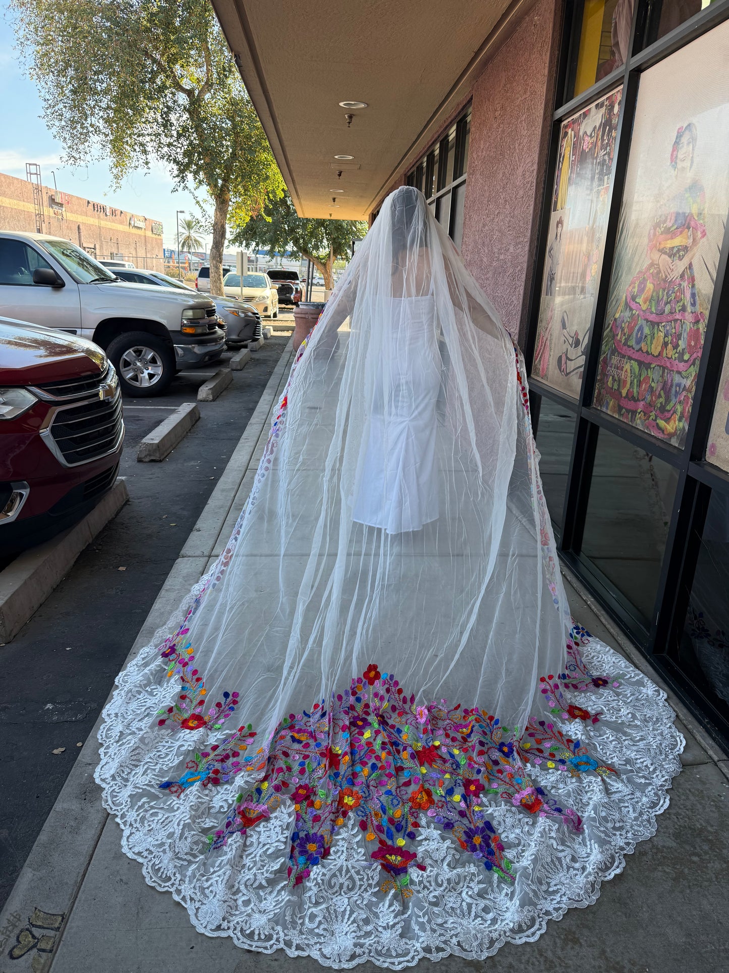 3.5 Meter Hand Embroidered Wedding Veil | Long Bridal Tulle Veil with Mexican Floral Embroidery | Handmade Bridal Veil