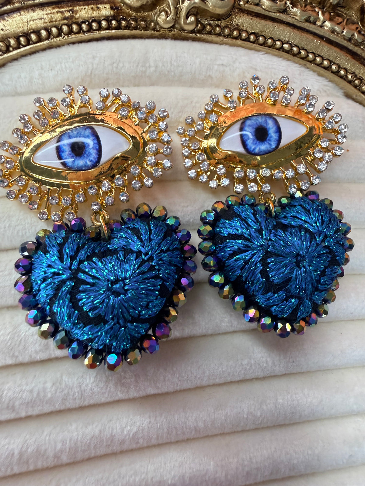Blue Embroidered Evil Eye Earrings, Mexican Handmade Jewelry, Statement Heart Earrings, Boho Textile Earrings