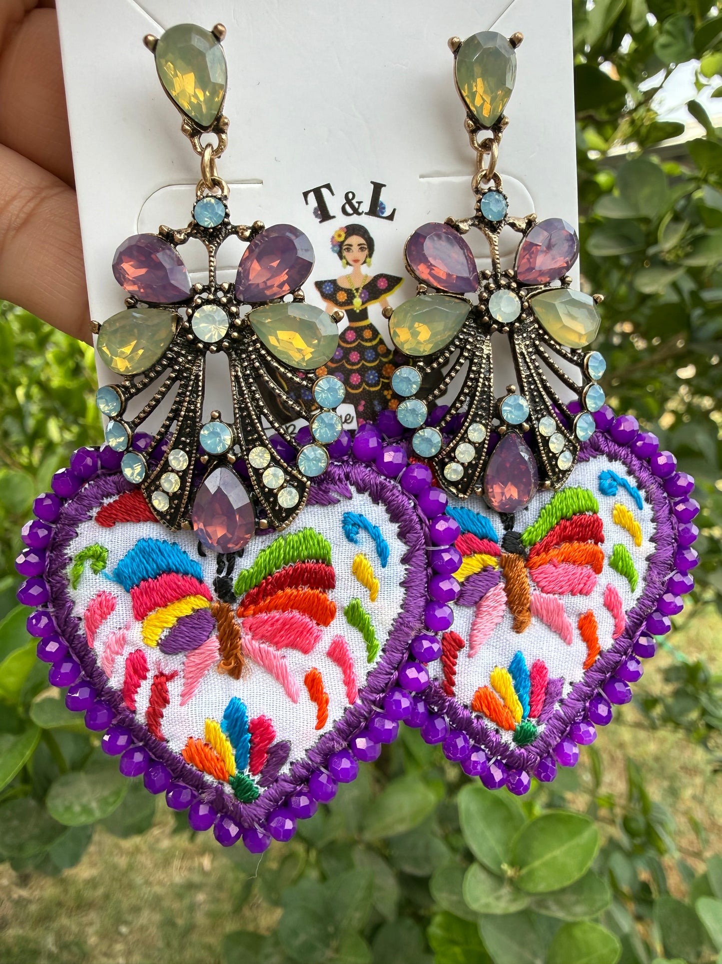 Hand Embroidered Butterfly Heart Earrings – Unique Lightweight Statement Jewelry, Handmade Floral & Crystal Designs