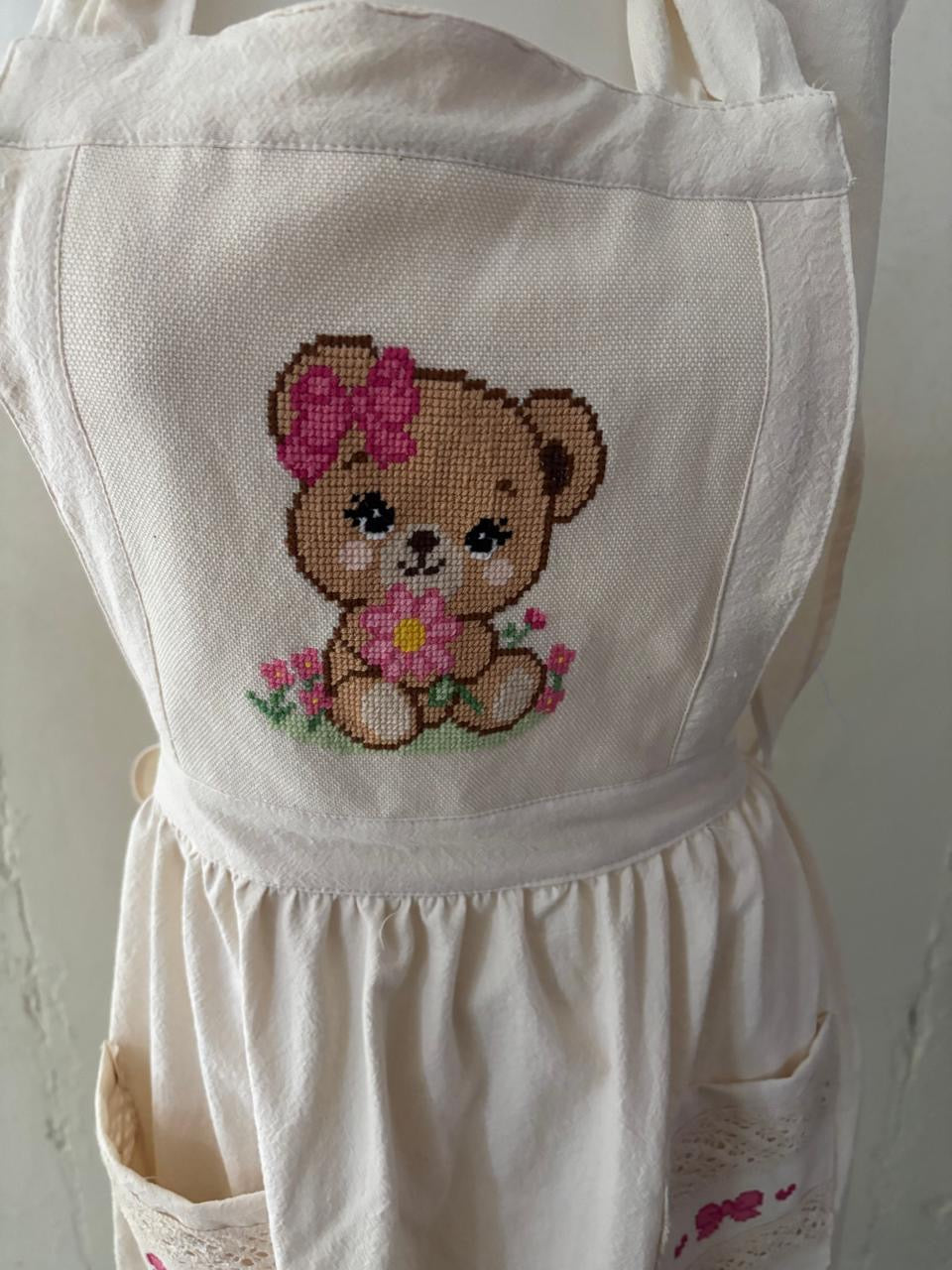 Hand Embroidered Cross Stitch Apron – Adjustable Handmade Cotton Apron – Artisan Pedal Loom Apron – Rustic Kitchen Apron – Made in Mexico