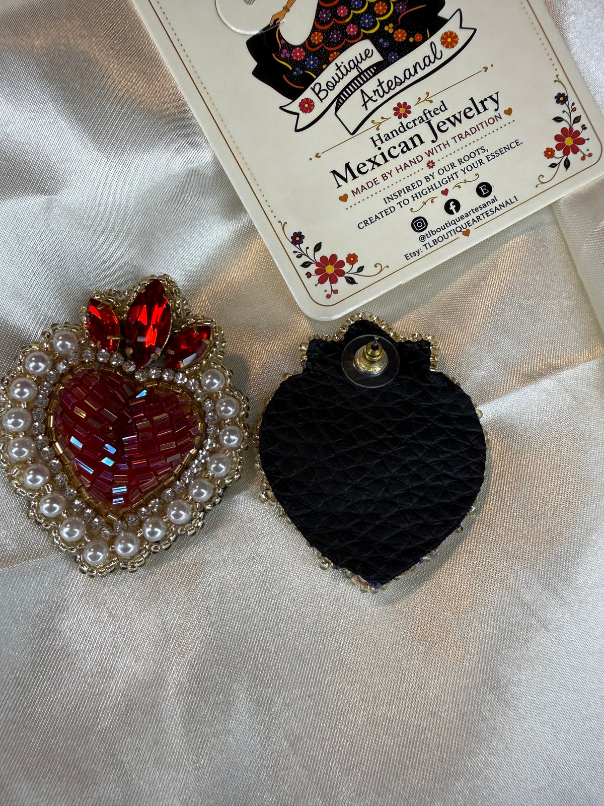 Sacred Heart Earrings, Handmade Beaded Heart Earrings, Crystal Pearl Miyuki Earrings, Mexican Statement Jewelry, Stud Earrings