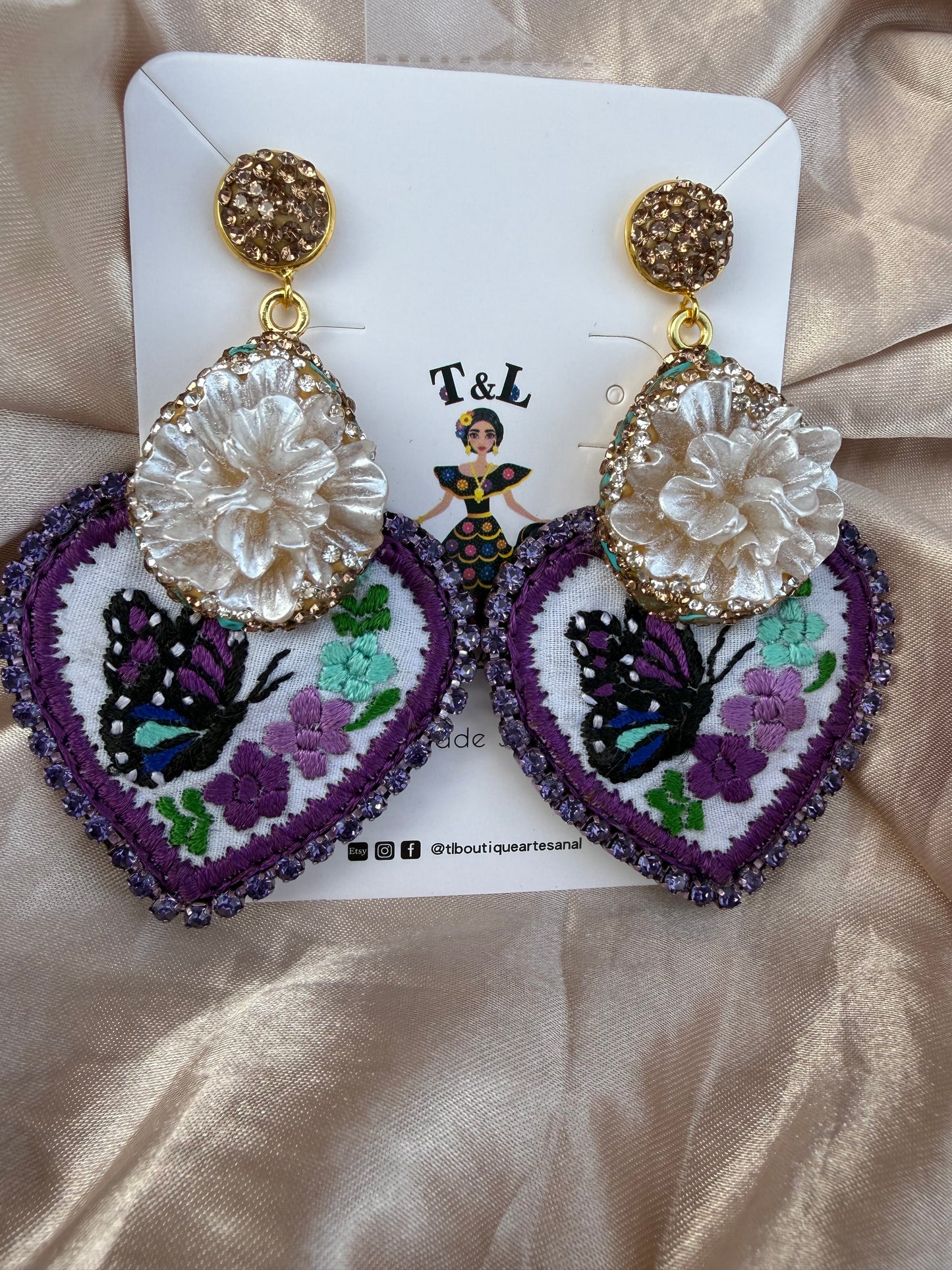 Hand Embroidered Butterfly Heart Earrings – Unique Lightweight Statement Jewelry, Handmade Floral & Crystal Designs