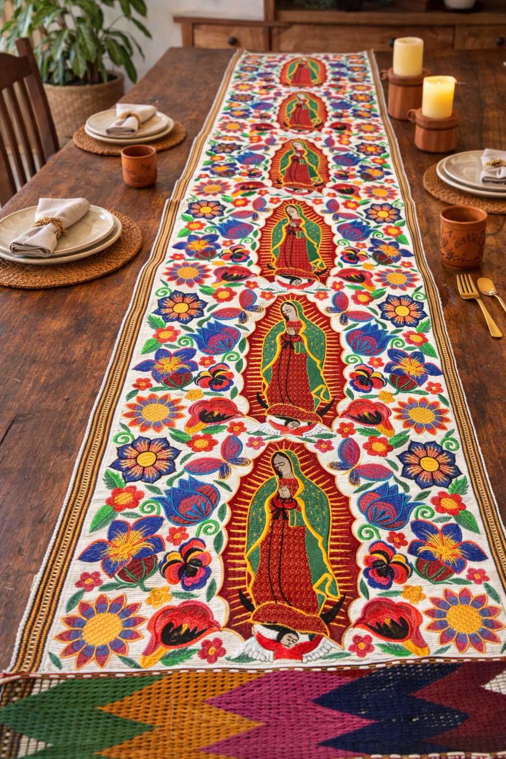 Virgen de Guadalupe Table Runner | Mexican Embroidered Textile | Religious Home Decor | Black Boho Table Runner | Extra Long 2m