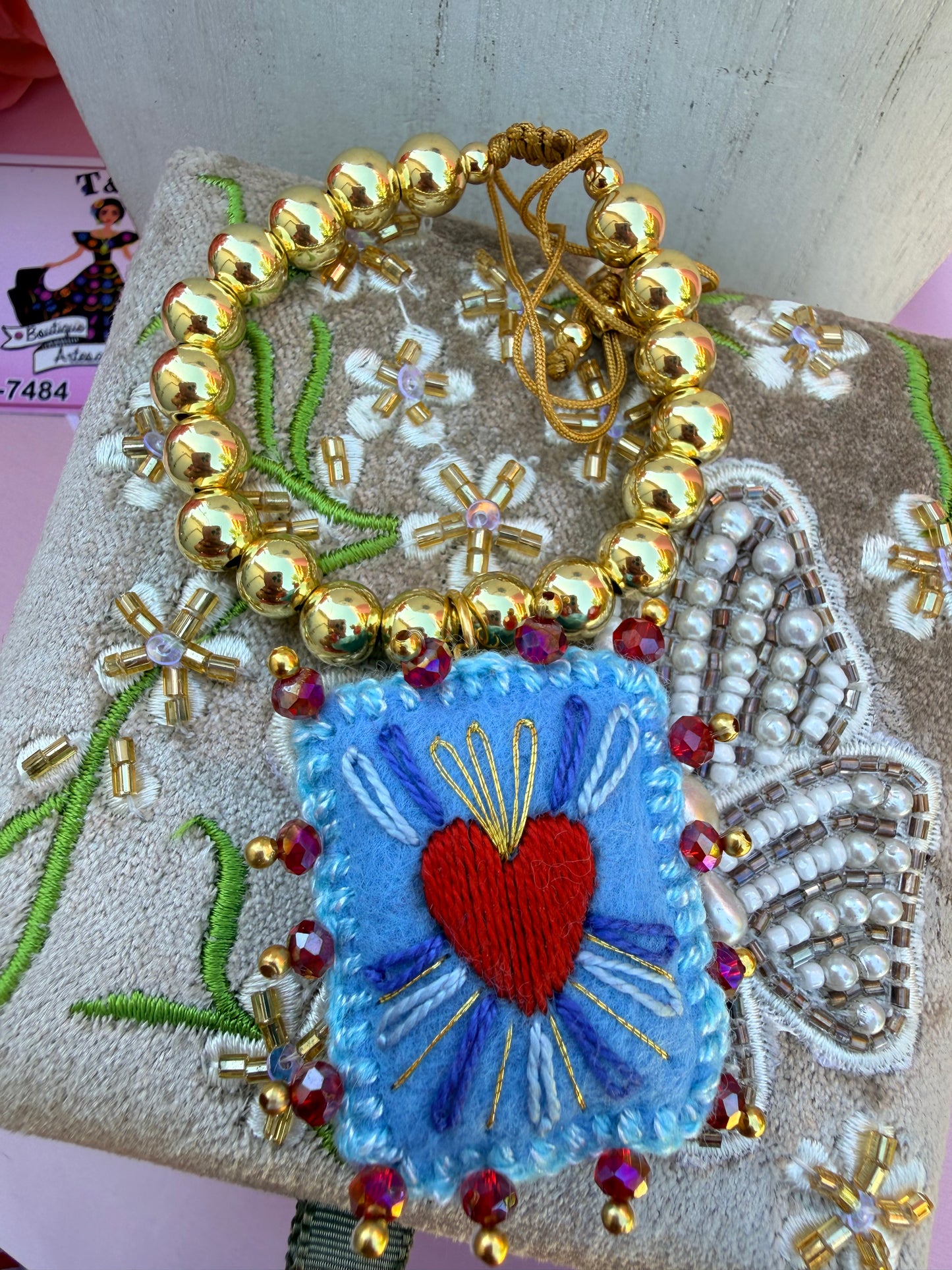 Hand Embroidered Sacred Heart Necklace & Bracelet Set, Mexican Folk Art Jewelry, Gold Plated Beaded Chain, Milagrito Jewelry,  azul bb