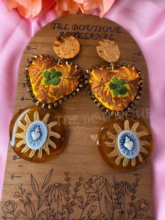 Hand Embroidered Heart Earrings, Mexican Handmade Jewelry, Sacred Heart Earrings, Boho Statement Earrings, Acrylic Pendant