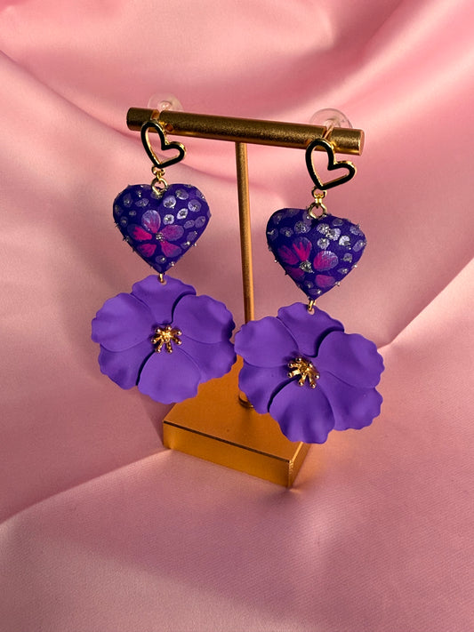 Handmade Purple Heart Floral Earrings | Mexican Artisan Clay Earrings | Lightweight Statement Jewelry | Unique Handmade Gift