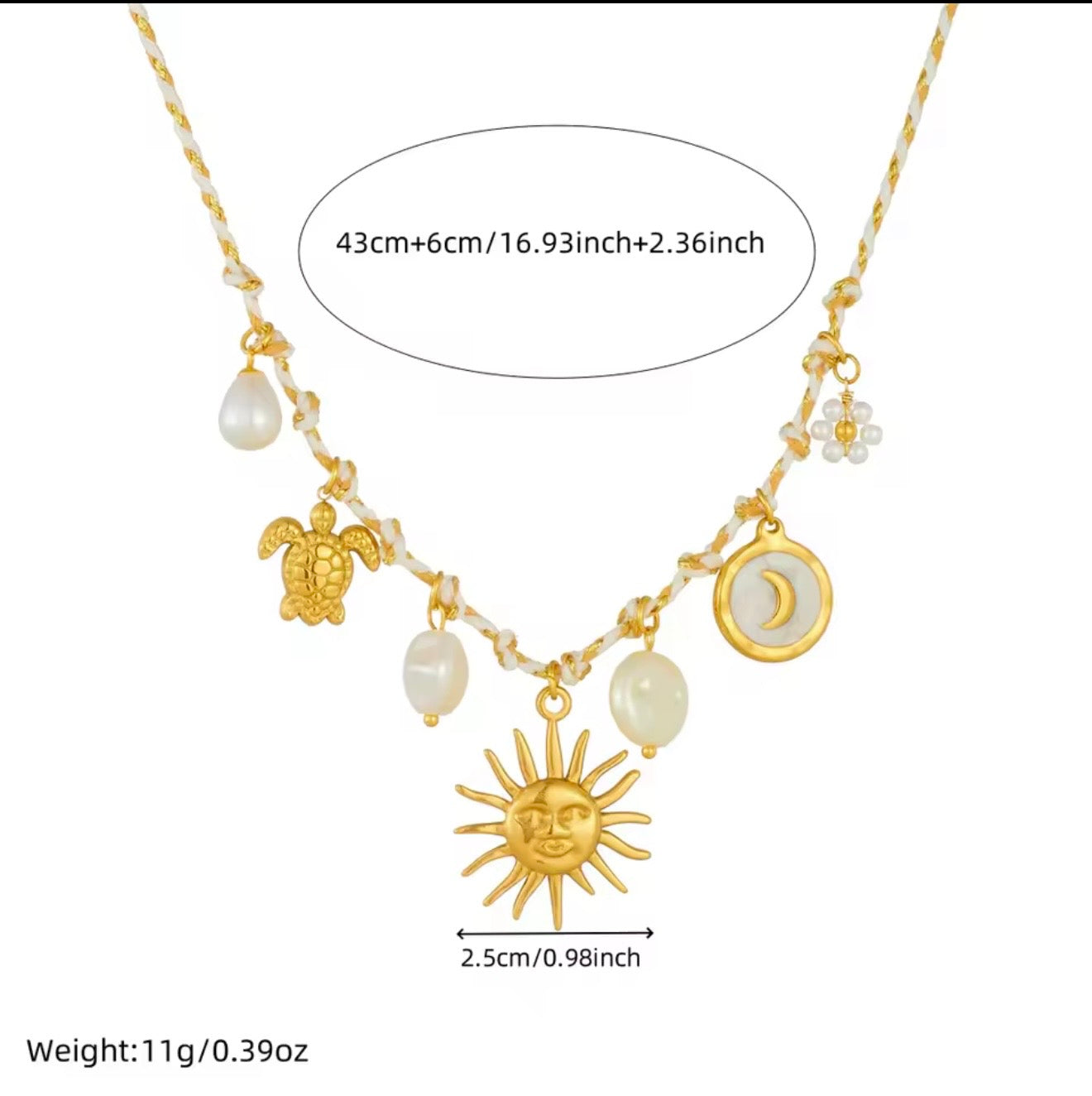 Collares  de acero inoxidable  con dijes de sol,luna,ojo,perlas,