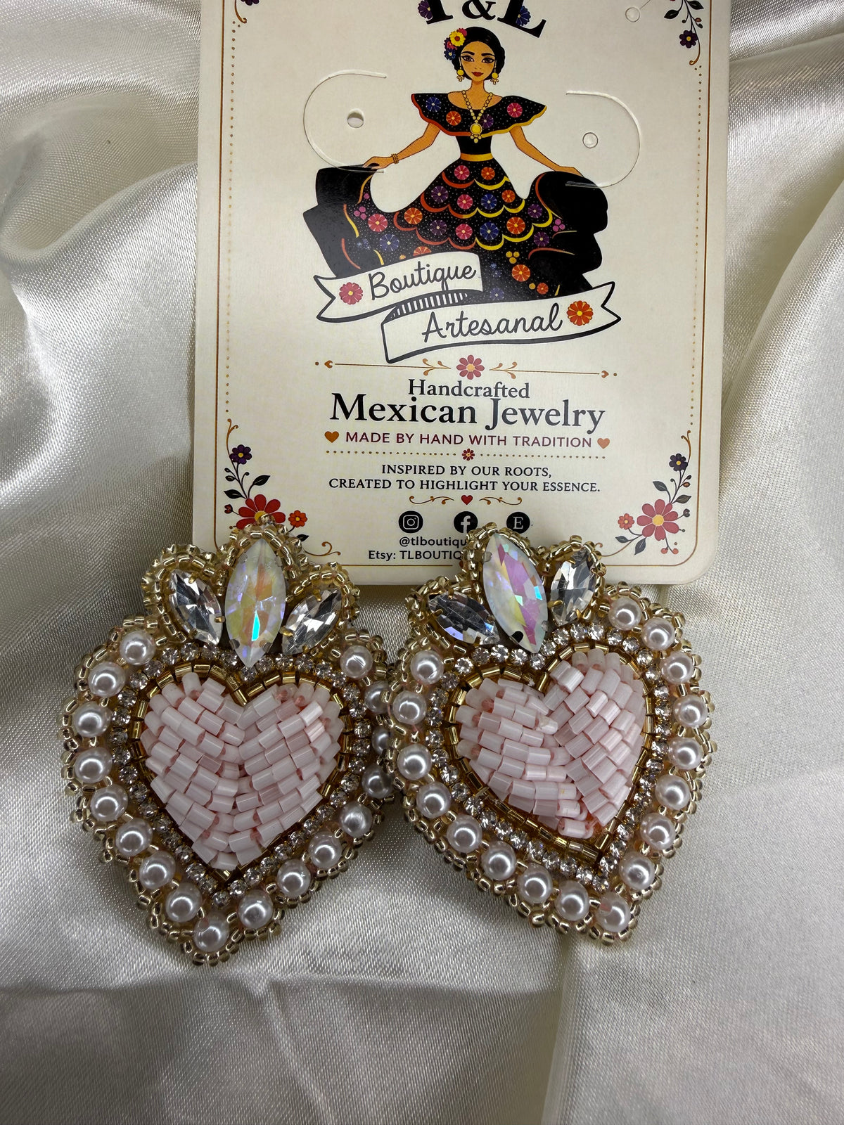 Sacred Heart Earrings, Handmade Beaded Heart Earrings, Crystal Pearl Miyuki Earrings, Mexican Statement Jewelry, Stud Earrings