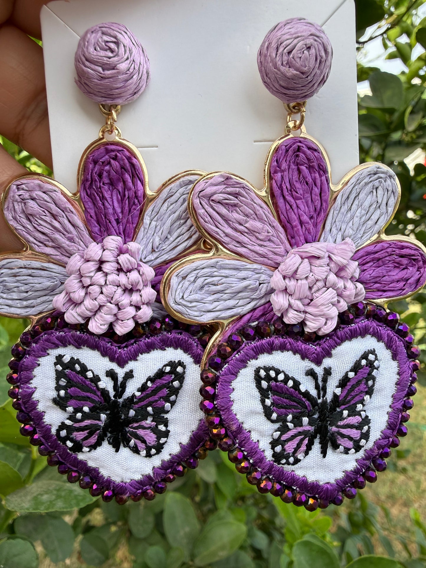Hand Embroidered Butterfly Heart Earrings – Unique Lightweight Statement Jewelry, Handmade Floral & Crystal Designs
