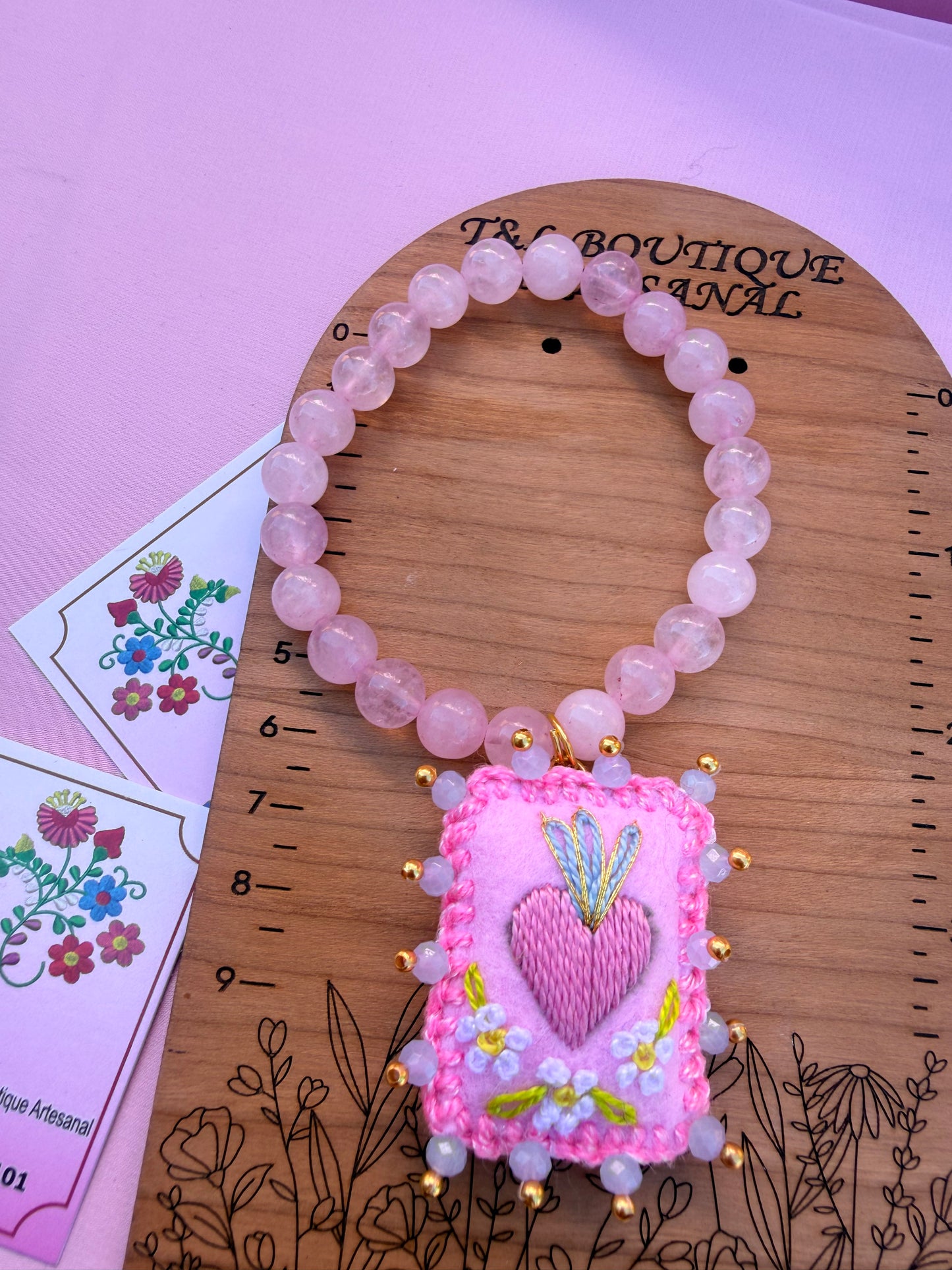 Hand Embroidered Sacred Heart Milagrito Jewelry – Rose Quartz Necklace or Bracelet | Handmade in Mexico 💗✨🌸