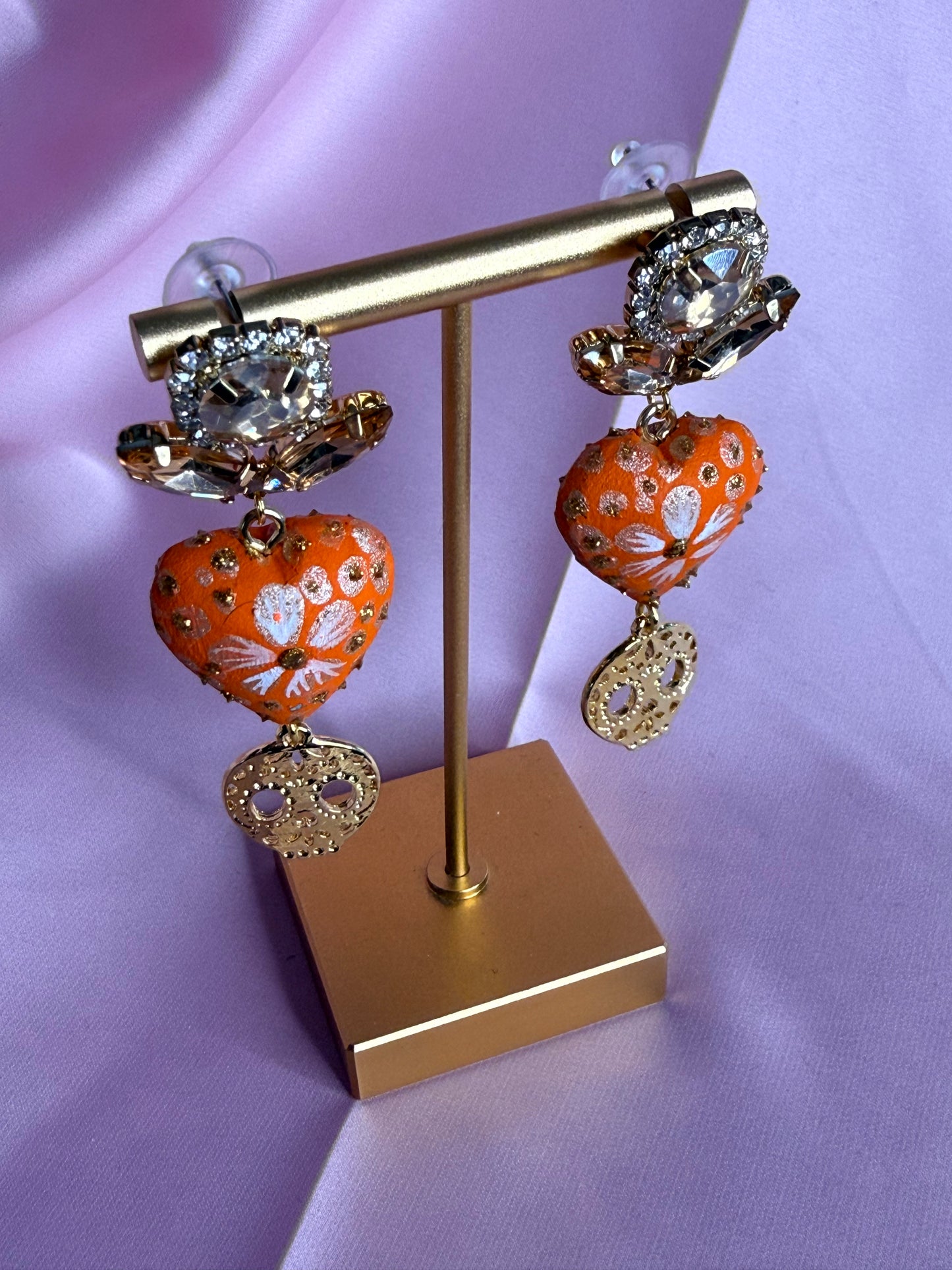 Hand-Carved Copal Wood Heart Earrings | Handmade Mexican Alebrije Jewelry | Lightweight Statement Earrings  /orange dia de muertos