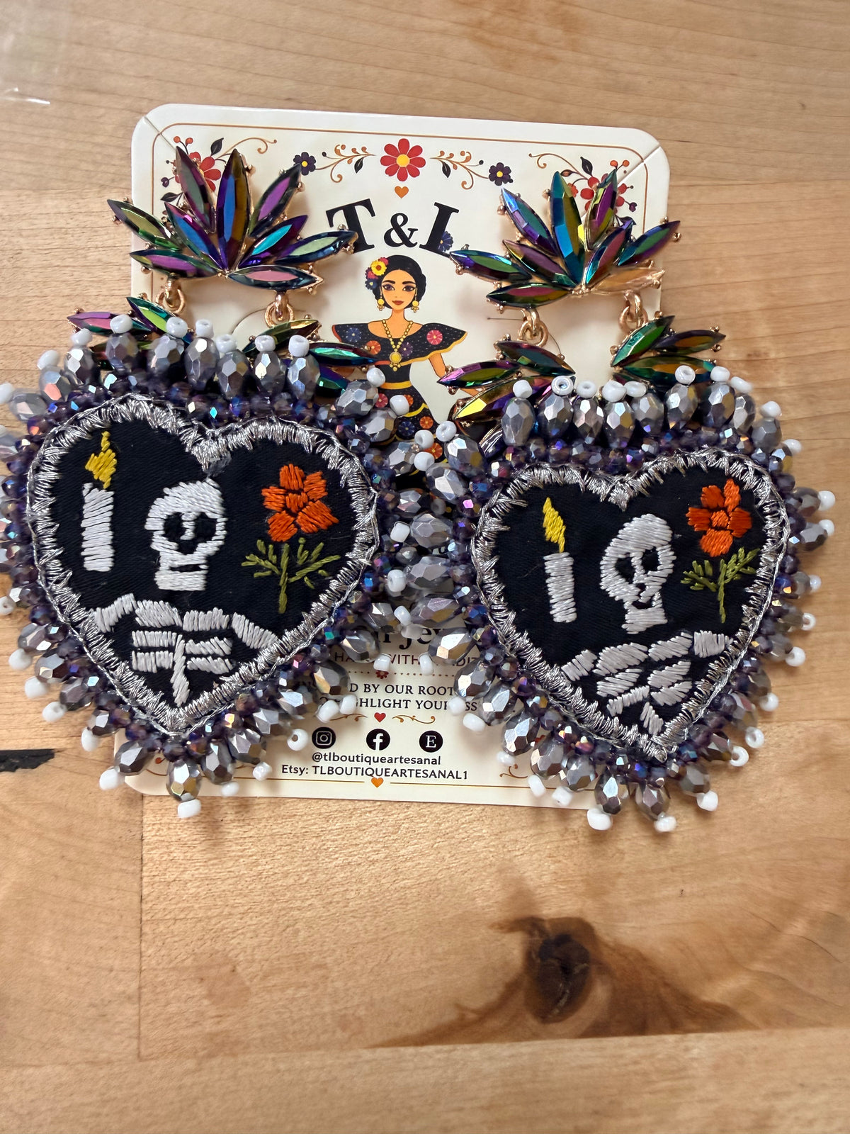Hand Embroidered Day of the Dead Earrings, Mexican Skull Earrings, Frida Inspired Jewelry, Butterfly Heart Statement Earrings