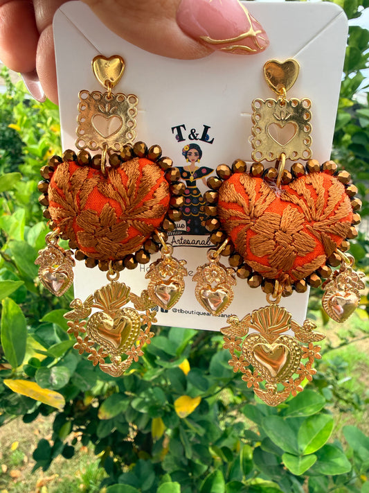 Aretes Bordados a Mano :Naranja – Cristales Dorados, Sagrado Corazón y Papel Picado/ hand made jewelry