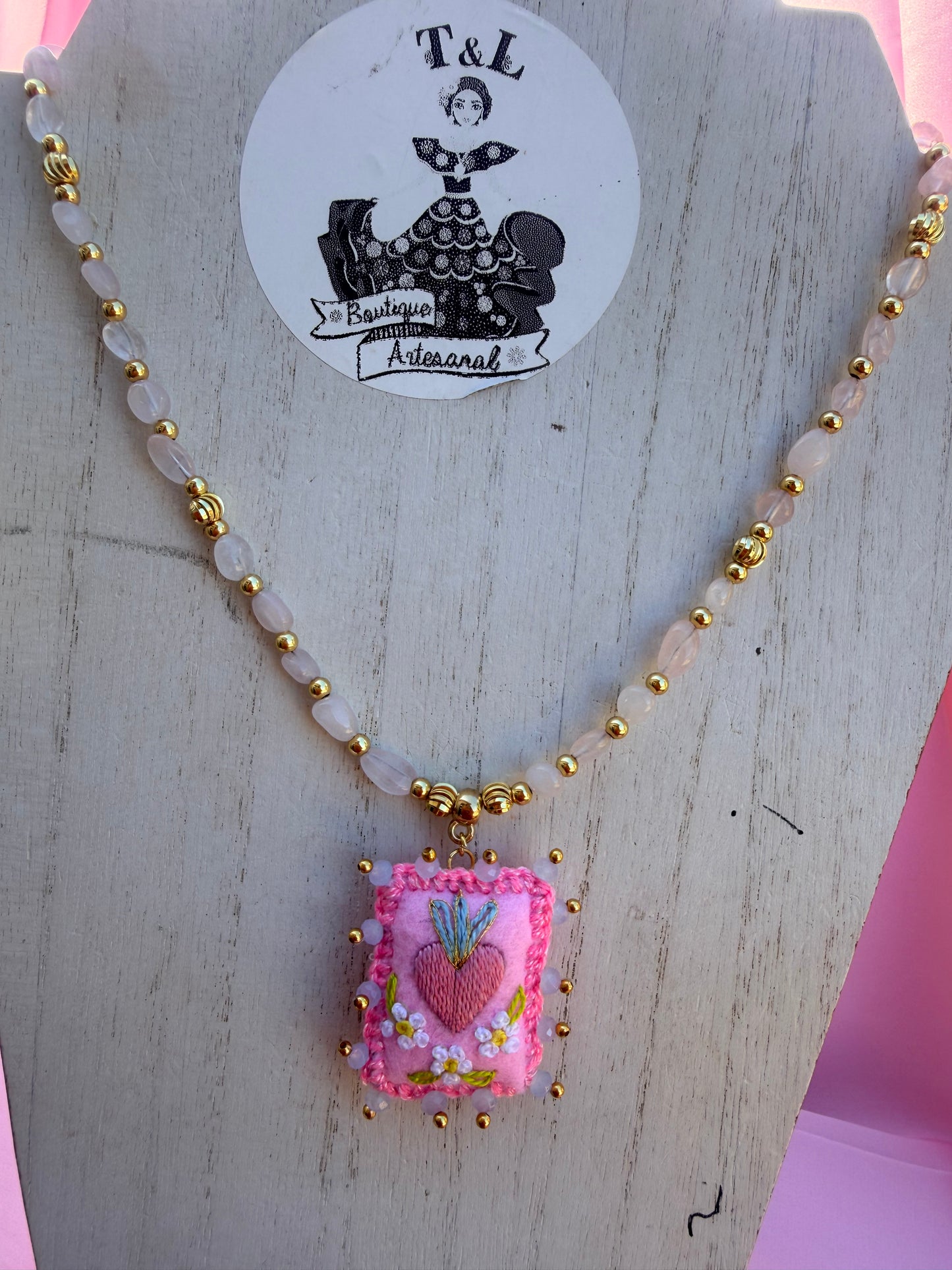 Hand Embroidered Sacred Heart Milagrito Jewelry – Rose Quartz Necklace or Bracelet | Handmade in Mexico 💗✨🌸