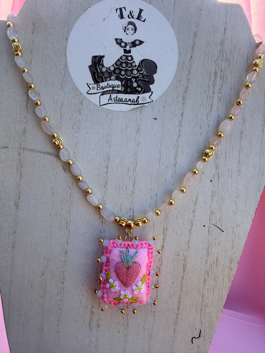 Hand Embroidered Sacred Heart Milagrito Jewelry – Rose Quartz Necklace or Bracelet | Handmade in Mexico 💗✨🌸