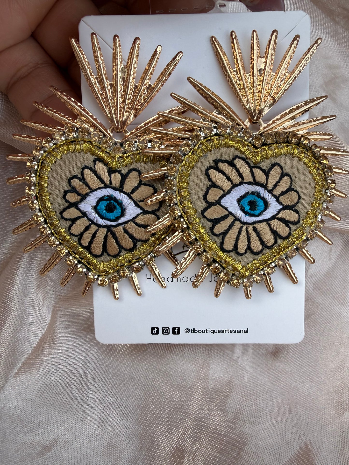 Sacred Heart Earrings with Evil Eye, Mexican Embroidered Jewelry, Statement Crystal Earrings, Handmade Milagro Heart, Unique Gift